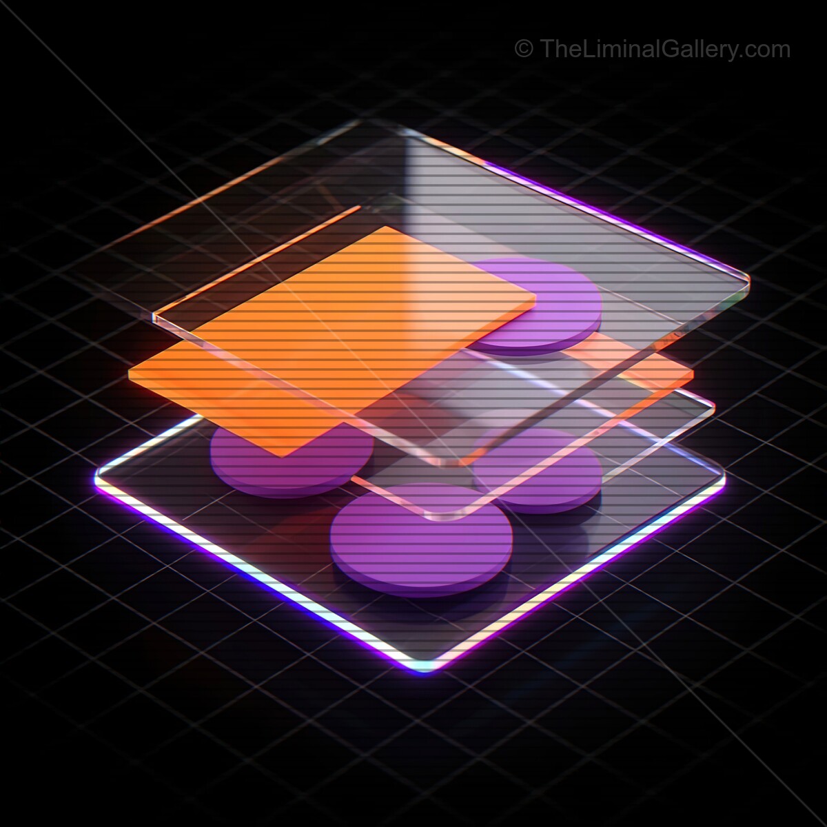 Vibrant synthwave glass shapes illuminated by retro VHS lines in a dreamy futuristic landscape