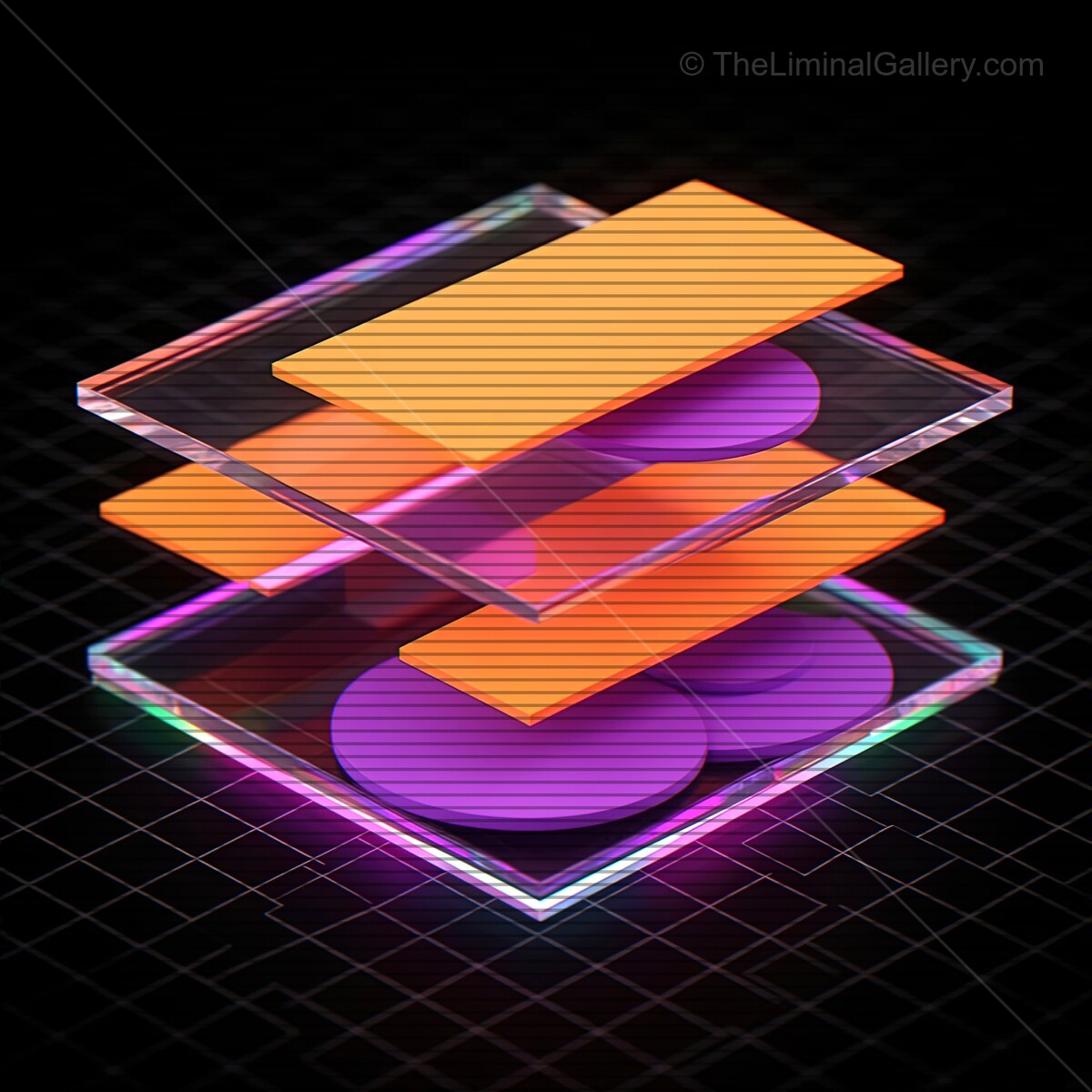 Vibrant blend of synthwave glass shapes with VHS lines creating a captivating neon illusion at night