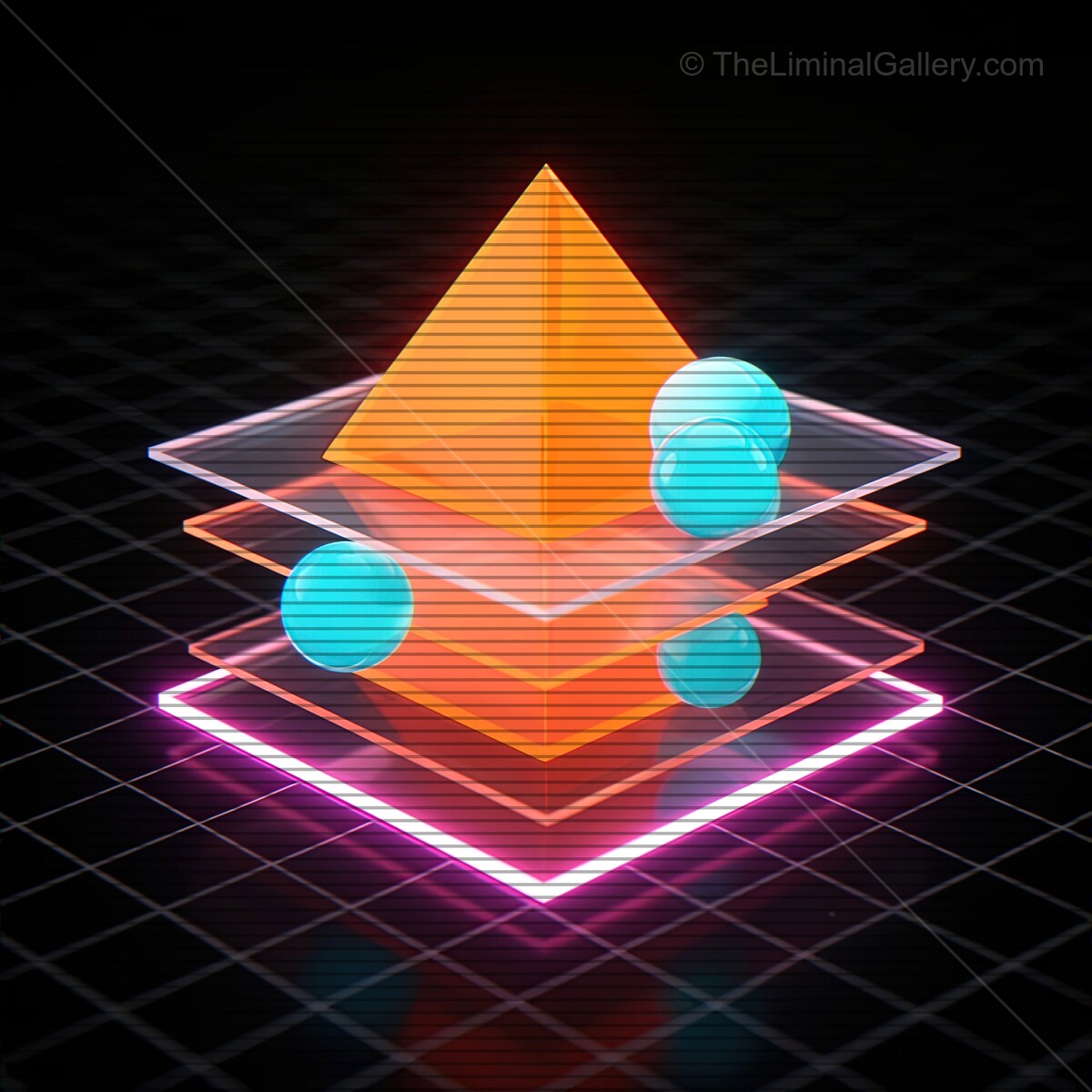 Vibrant synthwave glass shapes with VHS lines creating a futuristic abstract scene