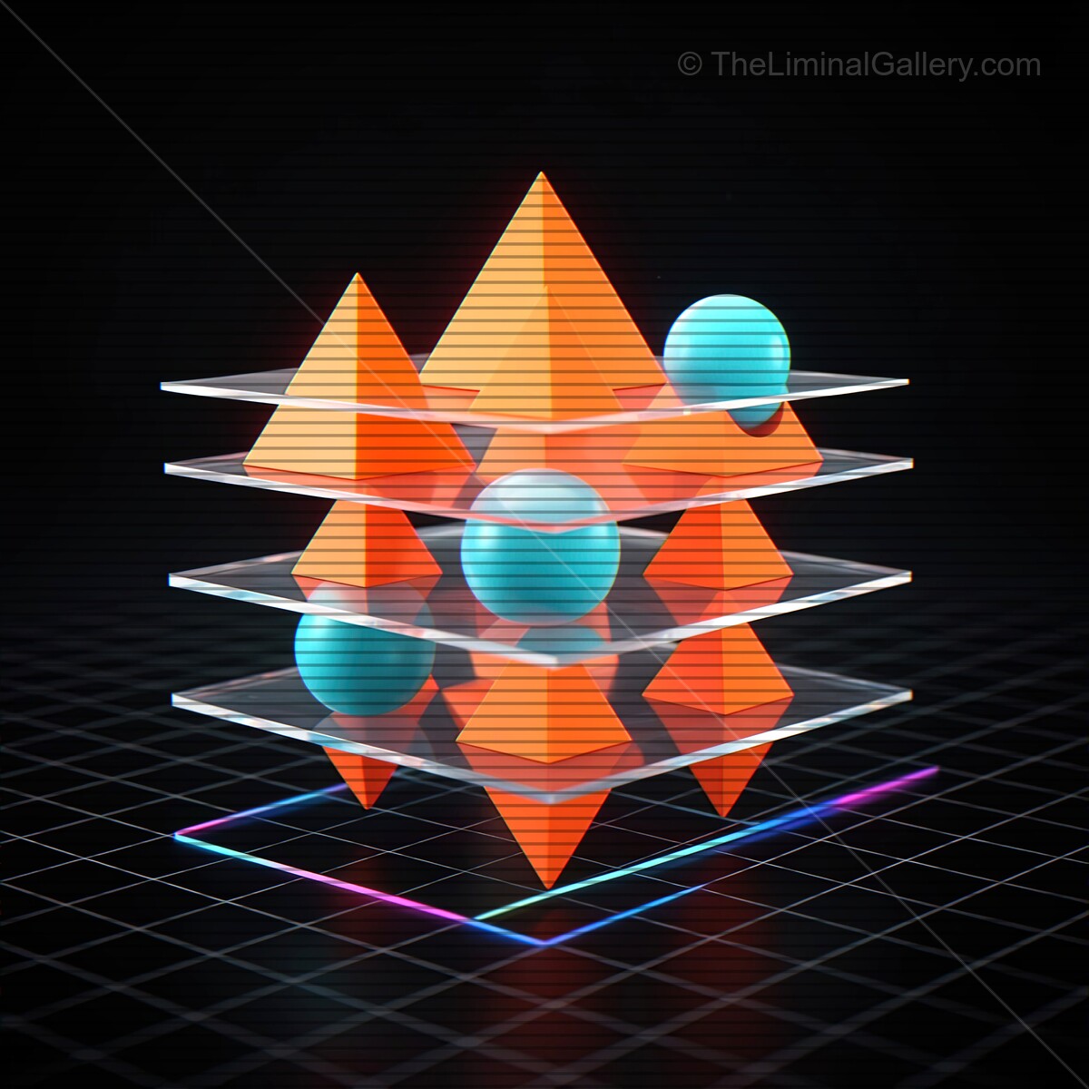 Vivid synthwave shapes glow against a dark background creating a futuristic atmosphere with glass layers and VHS lines