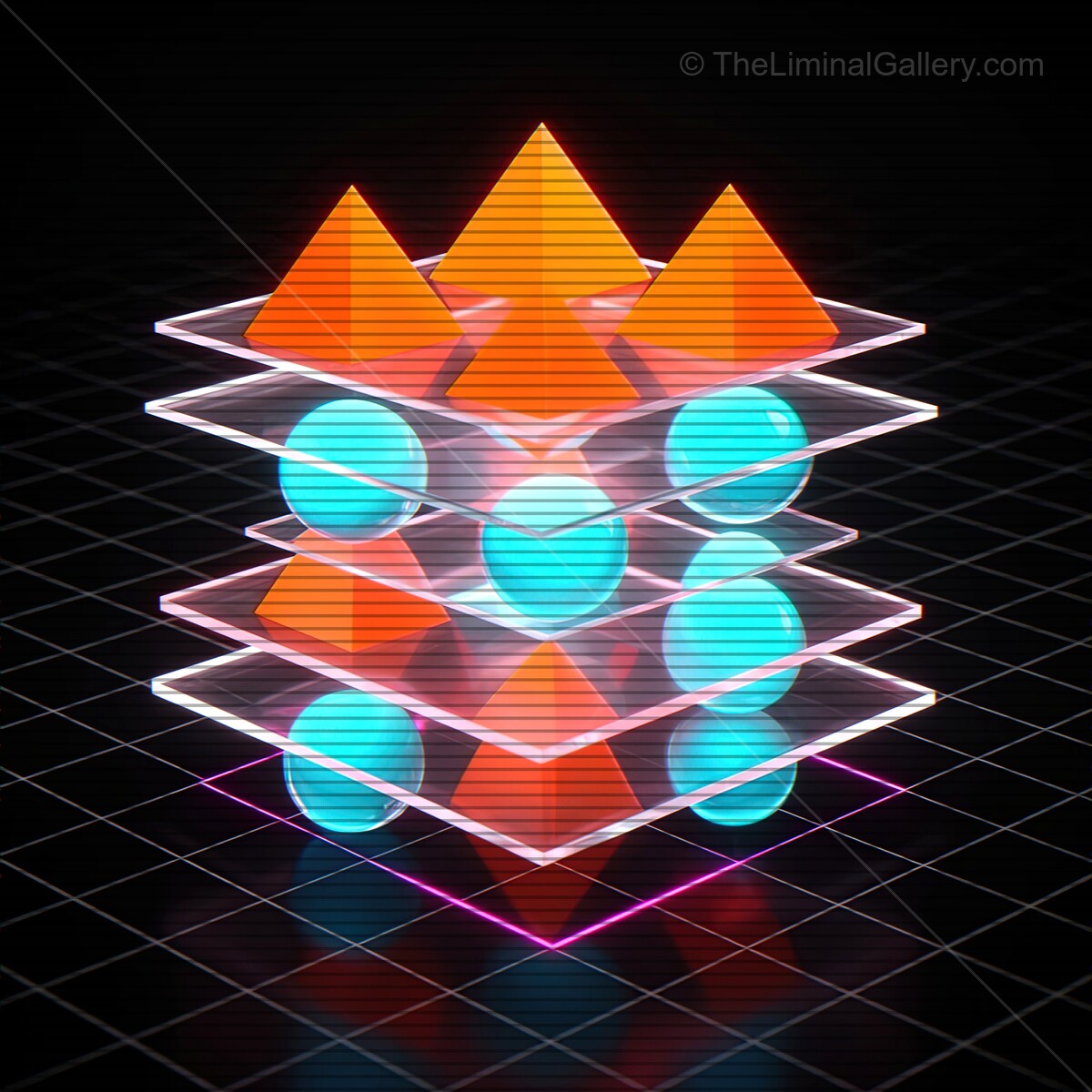 Geometric harmony shines with neon shapes and vhs lines in a vibrant synthwave dreamscape