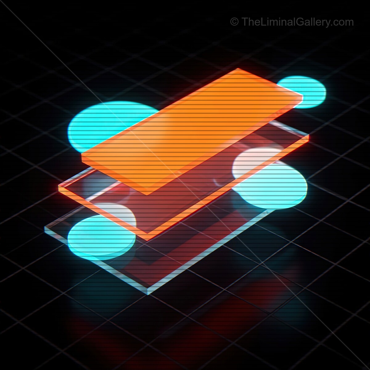 Vibrant synthwave glass shapes illuminated by neon hues and VHS lines, creating a retro-futuristic aesthetic