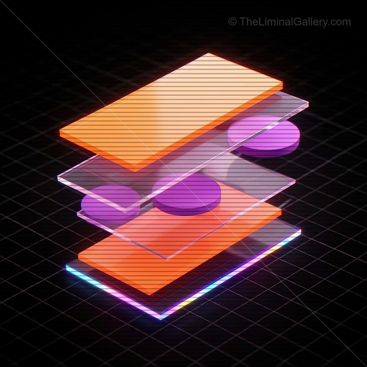 Futuristic synthwave glass shapes create vibrant patterns with VHS lines in a dark digital landscape