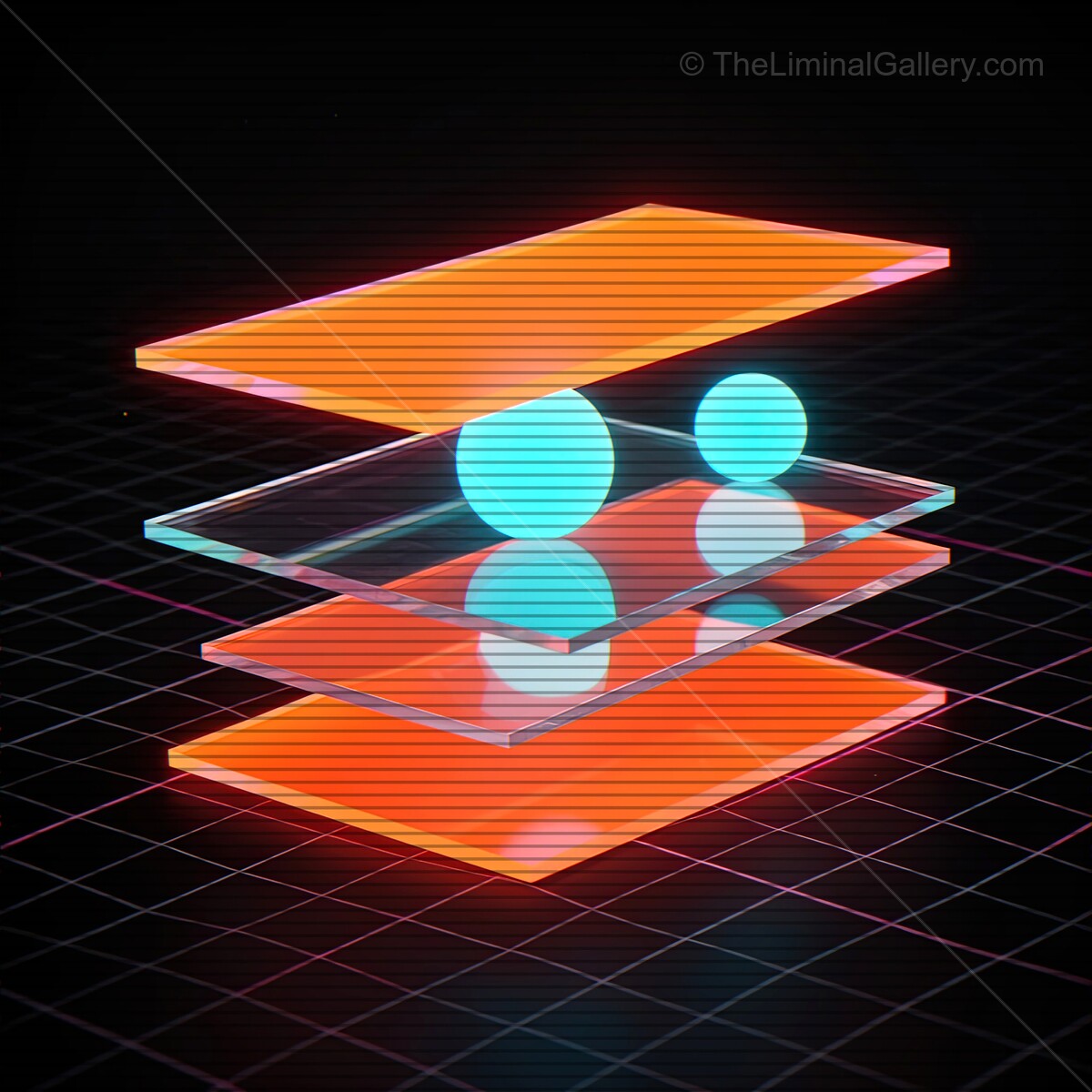 Vibrant synthwave glass shapes with neon reflections and VHS lines shimmering in a cosmic landscape