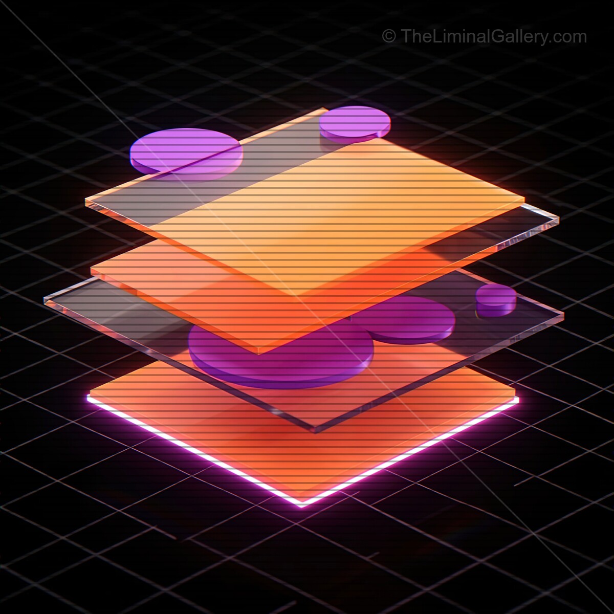 Vibrant synthwave glass shapes with retro VHS lines illuminating a futuristic landscape