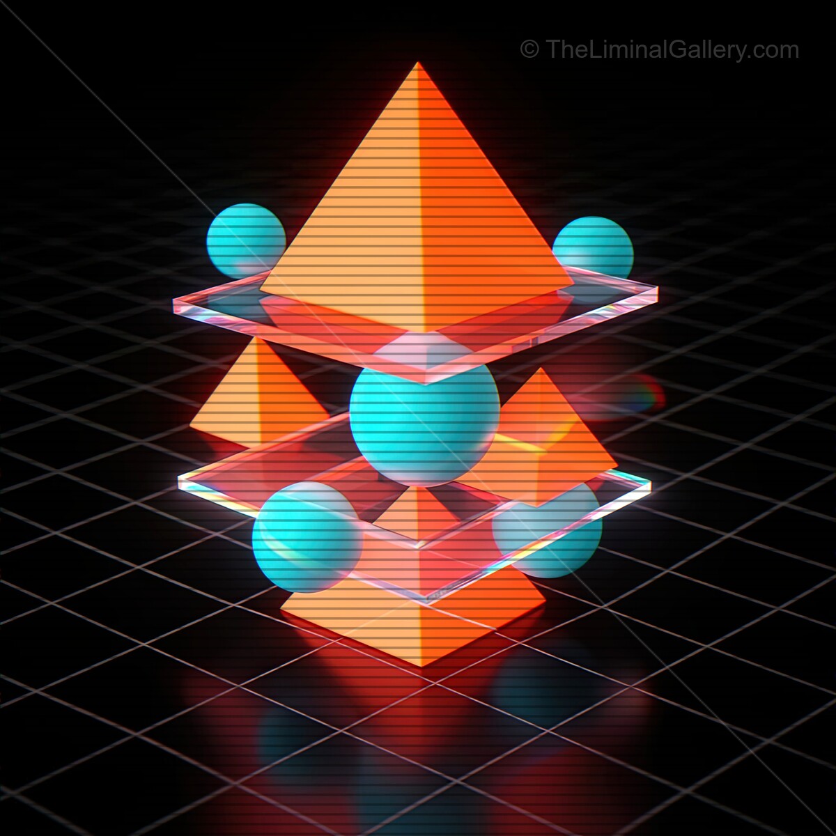 Vibrant synthwave glass shapes with VHS lines creating a stunning retro future landscape