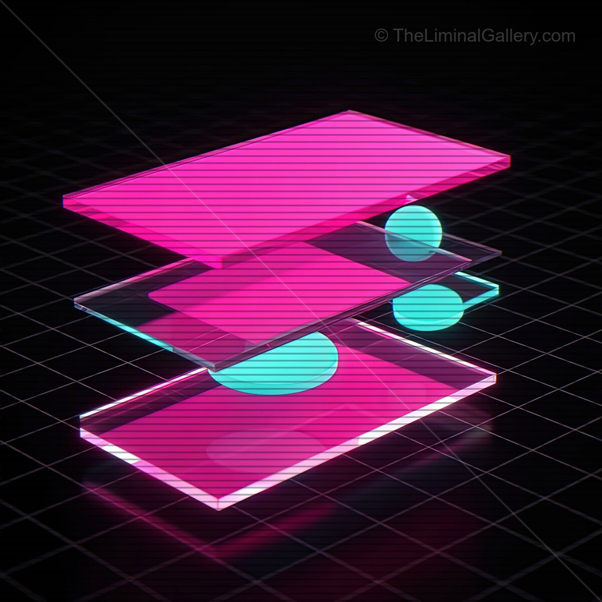 Visions of a neon dreamscape with synthwave glass shapes and nostalgic VHS lines creating a vibrant digital composition