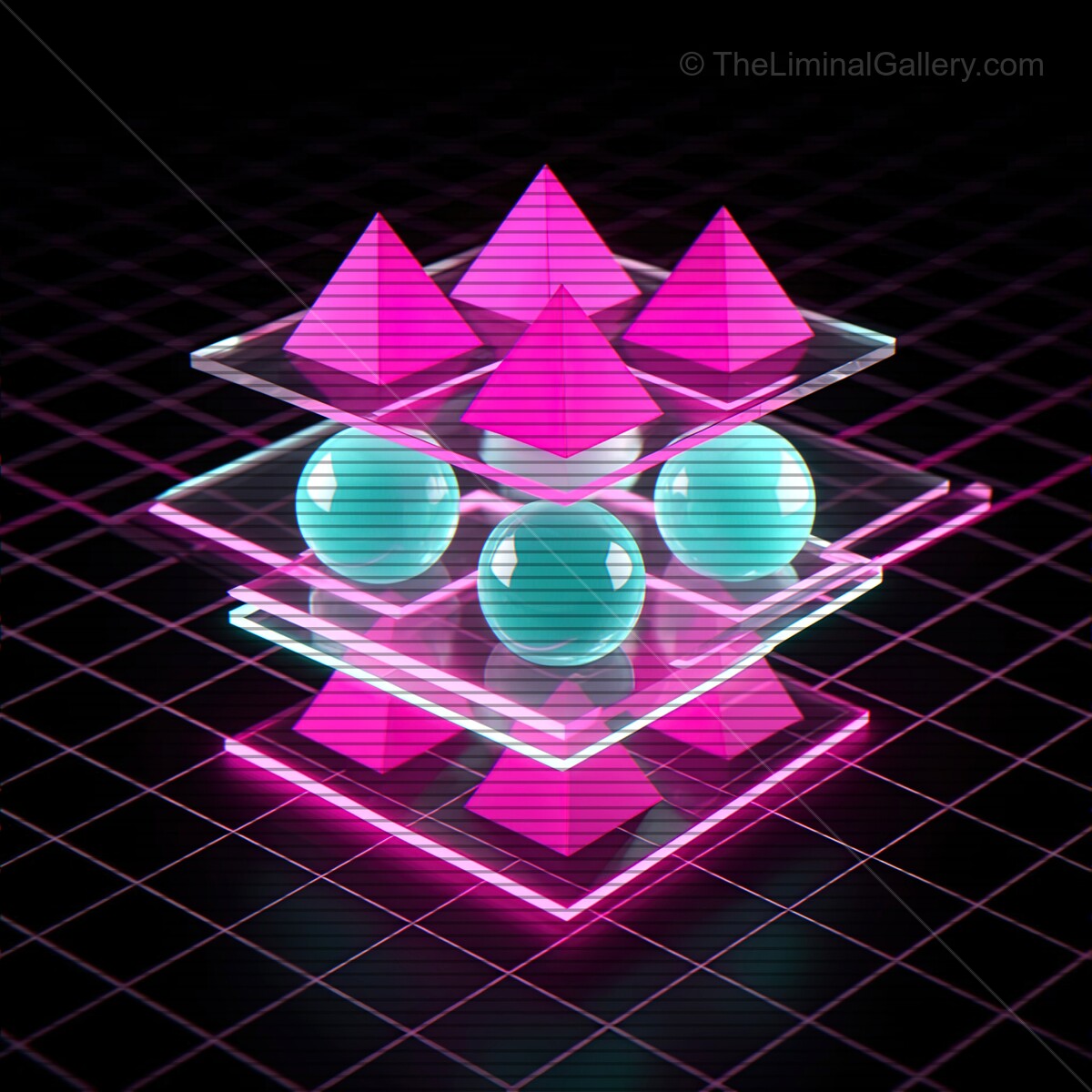 Vibrant synthwave shapes converge in retro holographic patterns evoking nostalgia and futuristic dreams