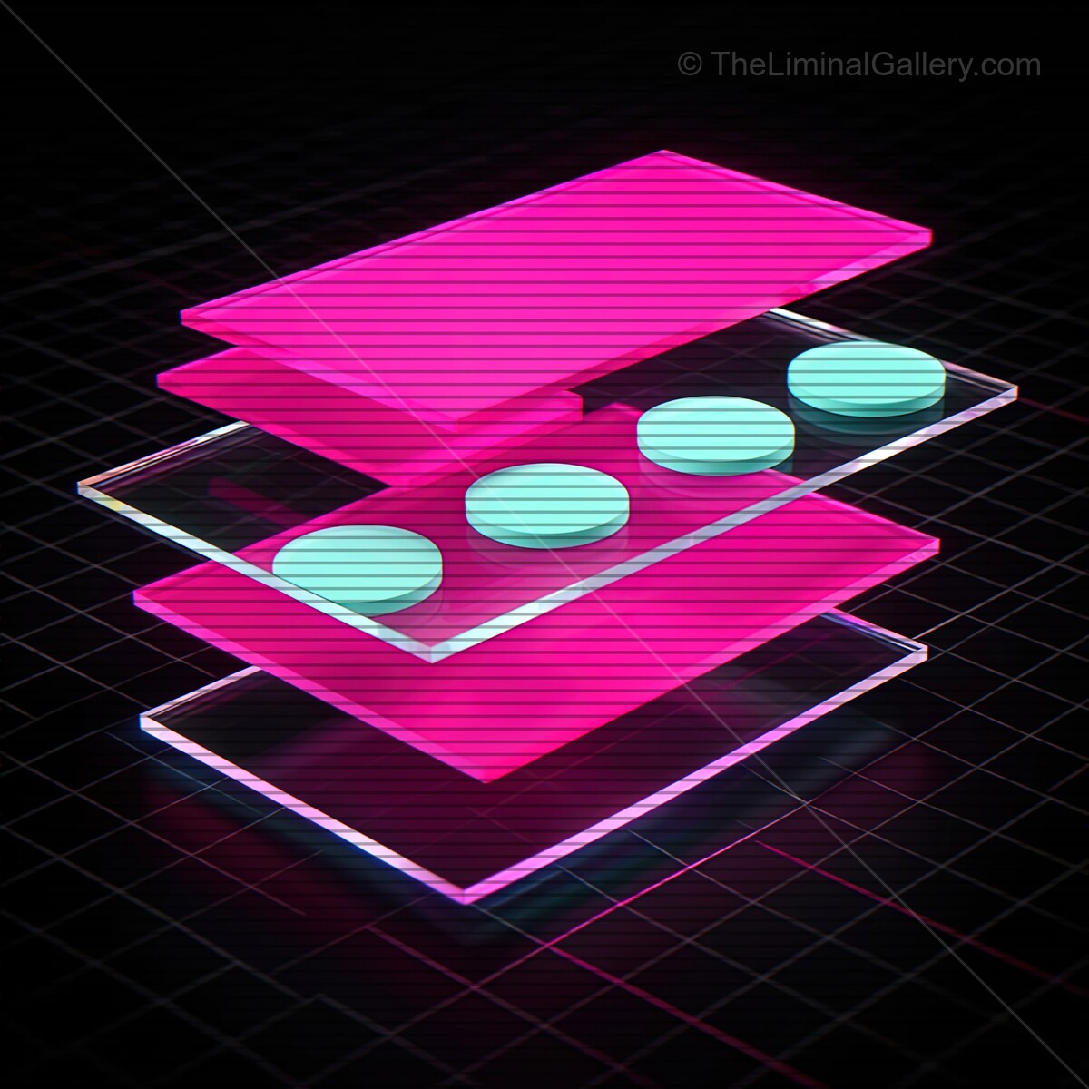 Vibrant synthwave glass shapes illuminated against a dark backdrop with retro VHS lines creating a nostalgic atmosphere
