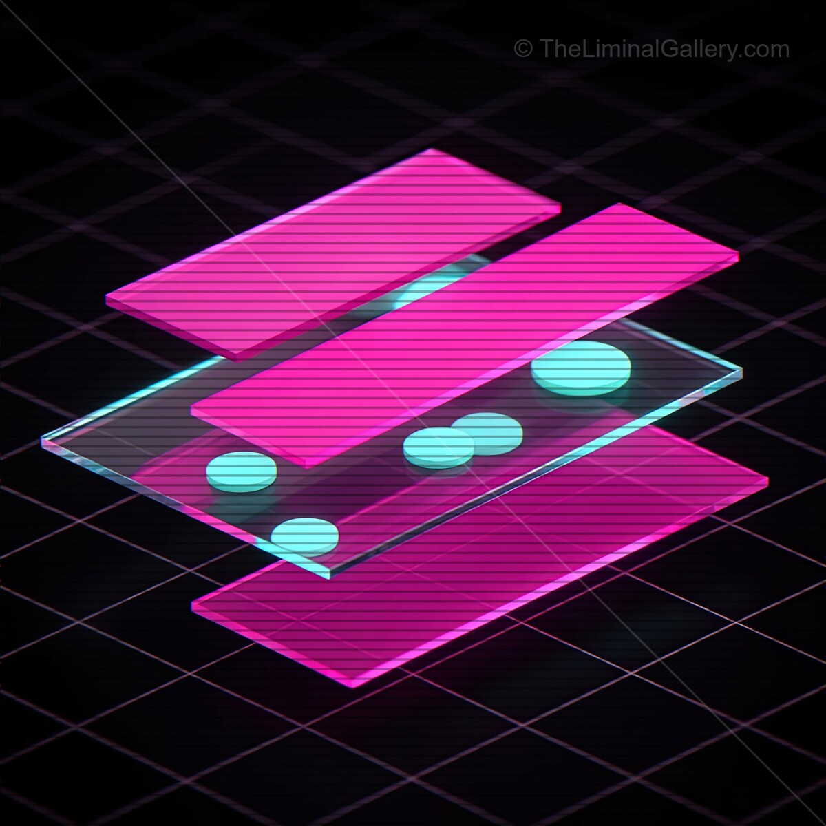 Vibrant synthwave shapes with retro VHS lines create a captivating neon landscape