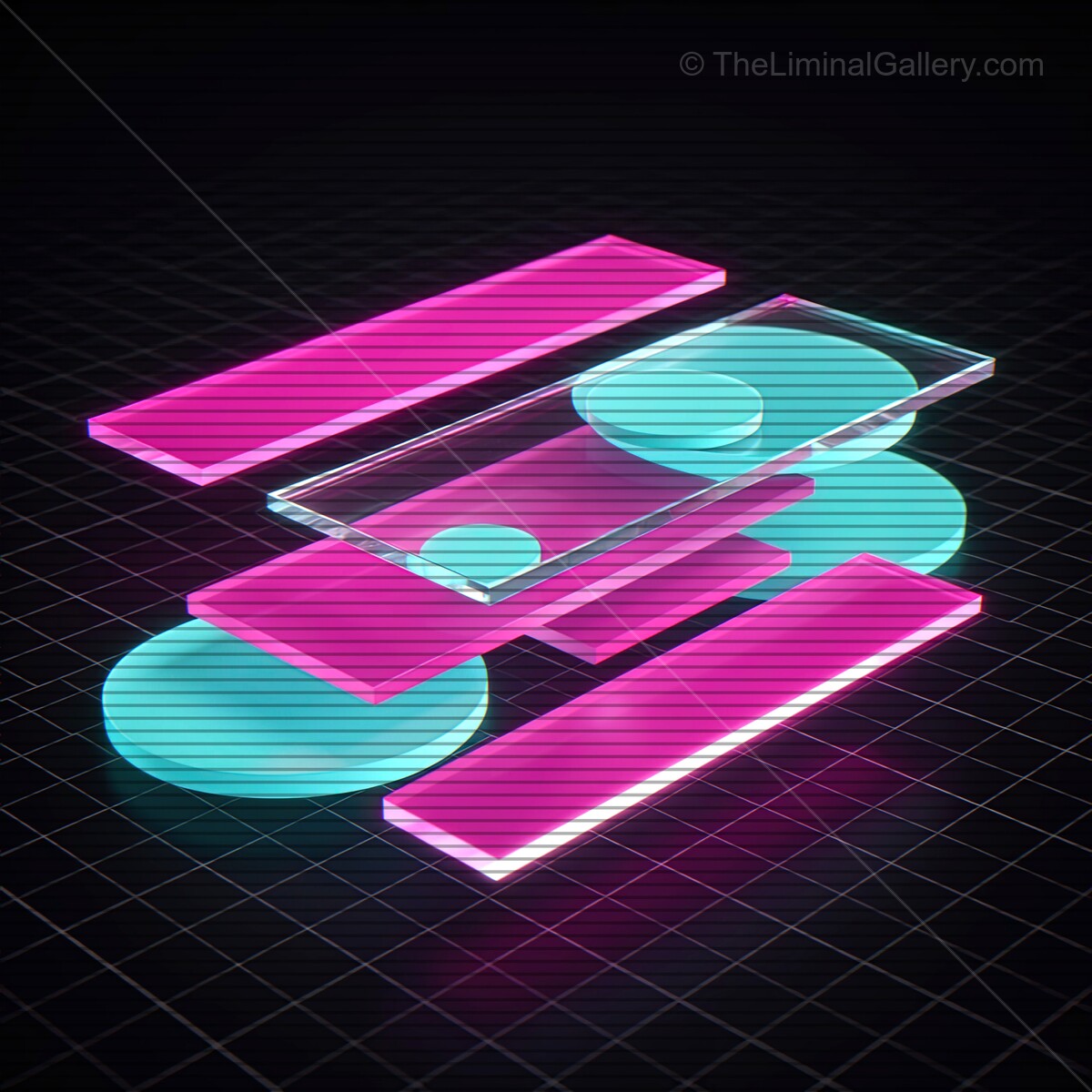 Vibrant synthwave glass shapes dance across a dark backdrop with nostalgic VHS lines and retro elegance