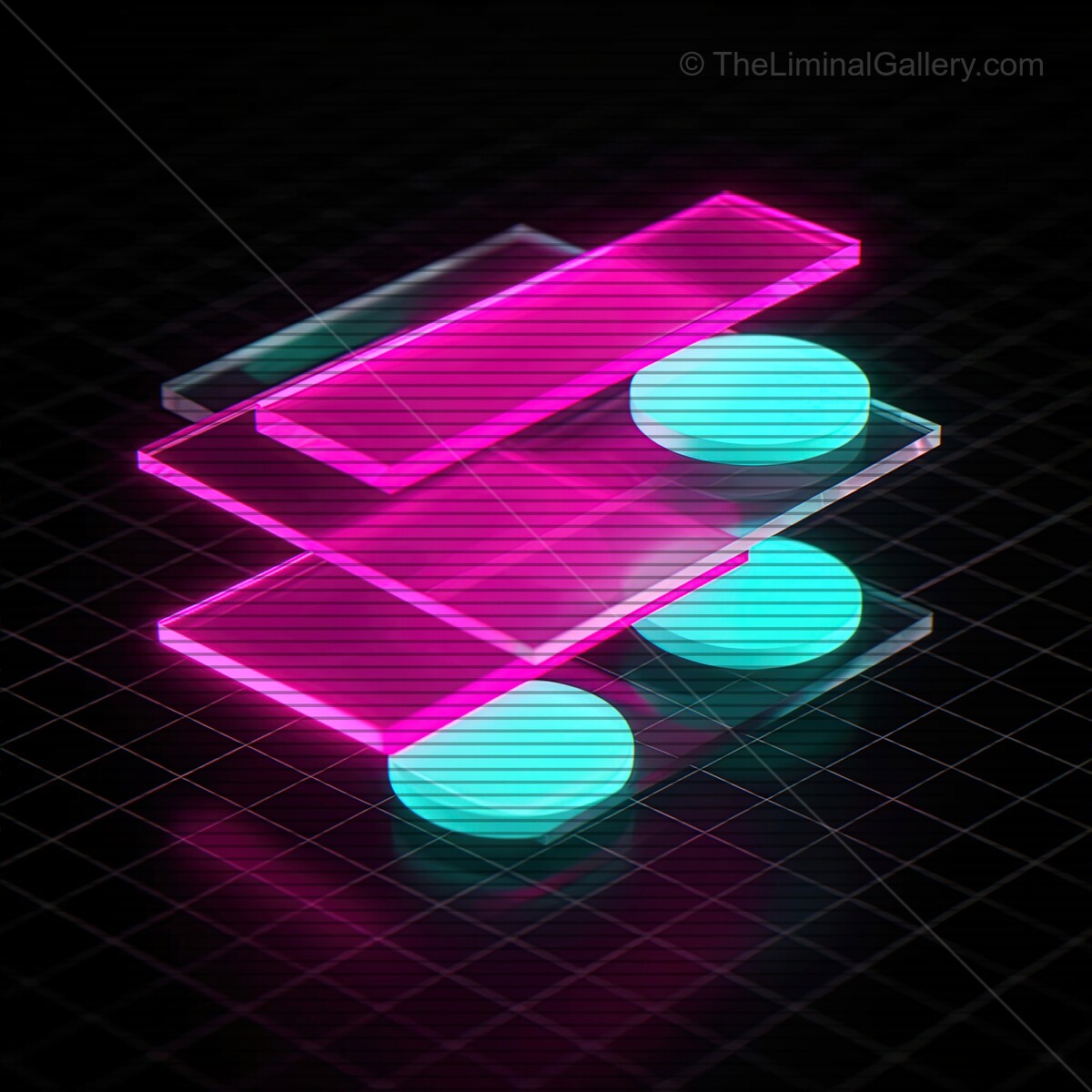 Vibrant synthwave glass shapes in a retro futuristic scene with VHS lines evoking a neon world at twilight