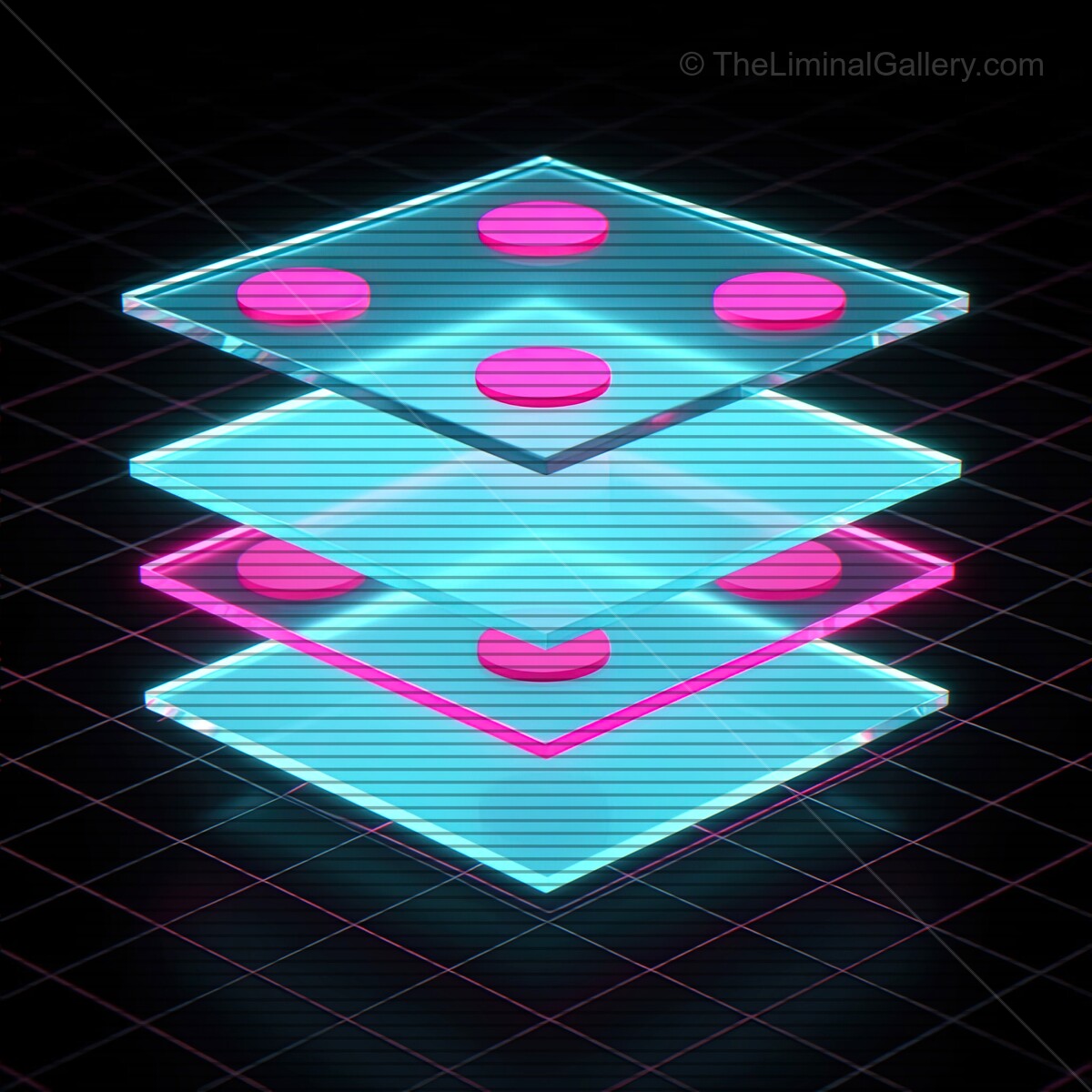 Vibrant synthwave glass shapes radiate in a digital neon world with retro VHS lines capturing a dynamic essence of 80s nostalgia
