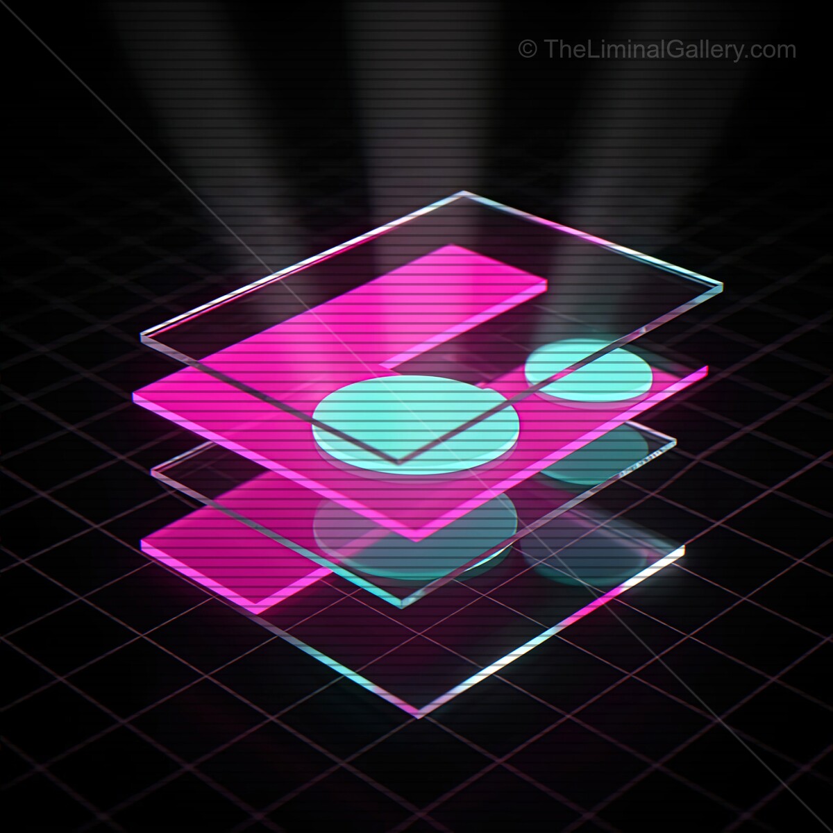 Vibrant synthwave glass shapes illuminated by VHS lines in a futuristic digital realm