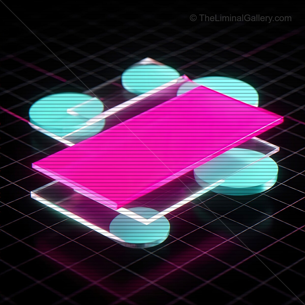 Bright pink synthwave shapes with glowing blue circles creating a nostalgic retro aesthetic in a dark grid background