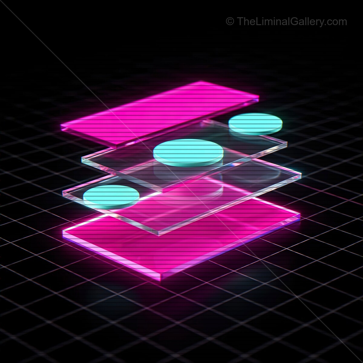 Vibrant synthwave glass shapes with retro VHS lines create an artistic digital landscape