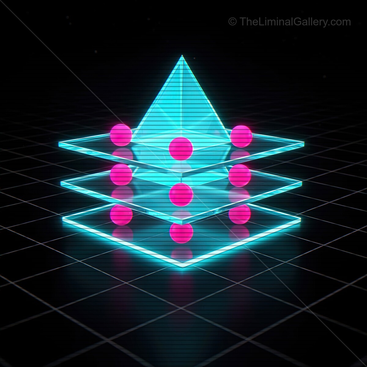 Vibrant synthwave shapes create a mesmerizing 3D display with neon colors and VHS lines, capturing the essence of retro-futurism in a digital landscape