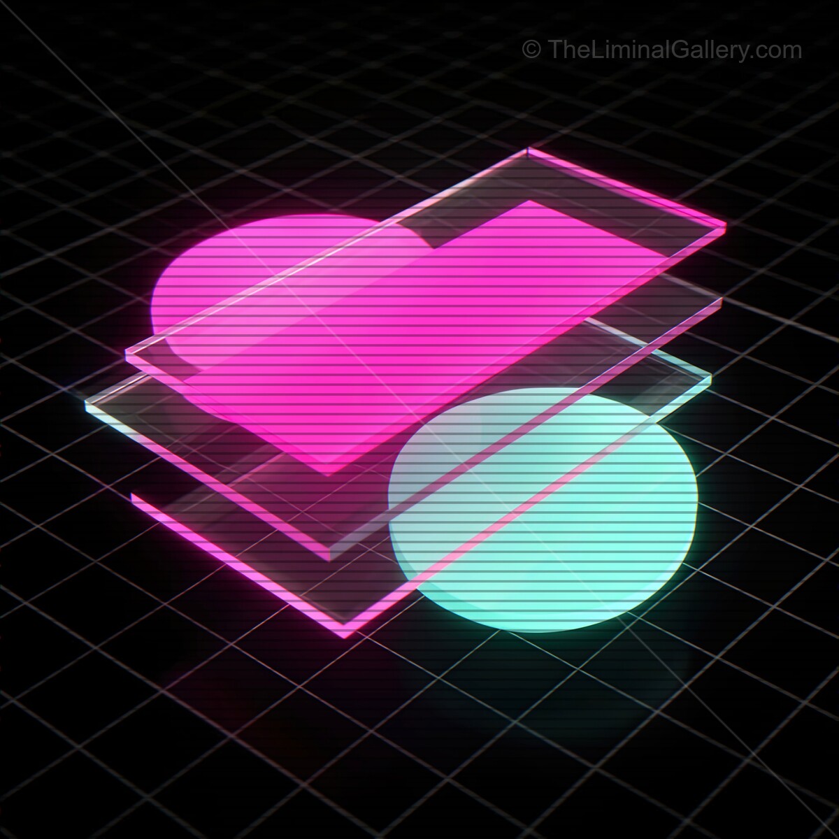 Vibrant synthwave glass shapes with VHS lines create a retro-futuristic atmosphere in a digital space