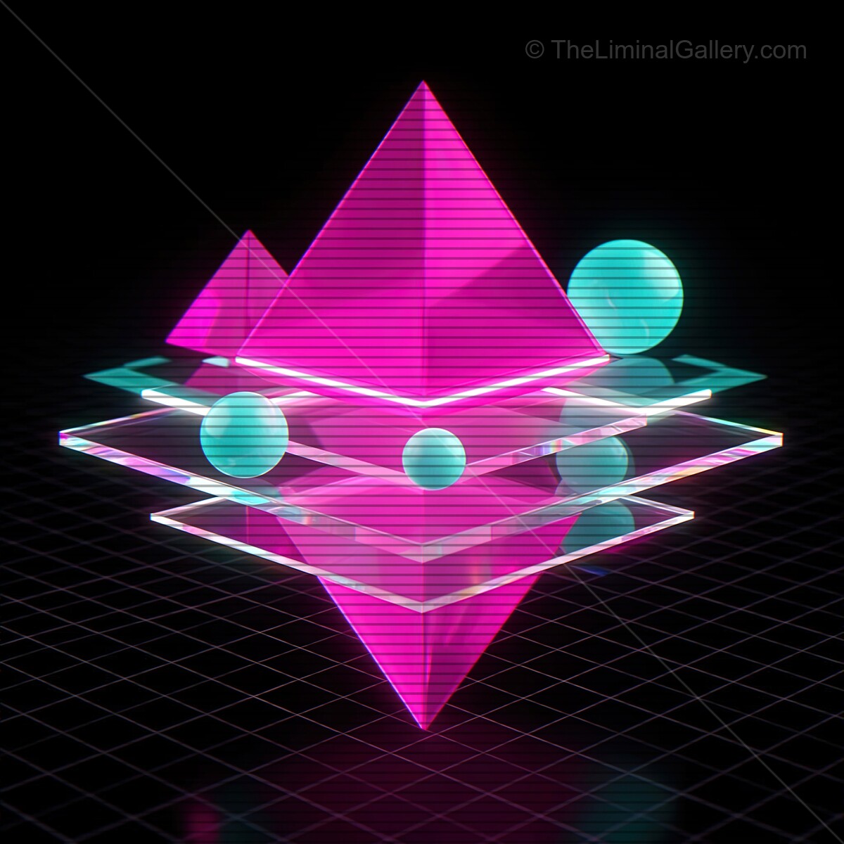 Vibrant synthwave shapes with neon colors and glitchy VHS lines in a futuristic digital space