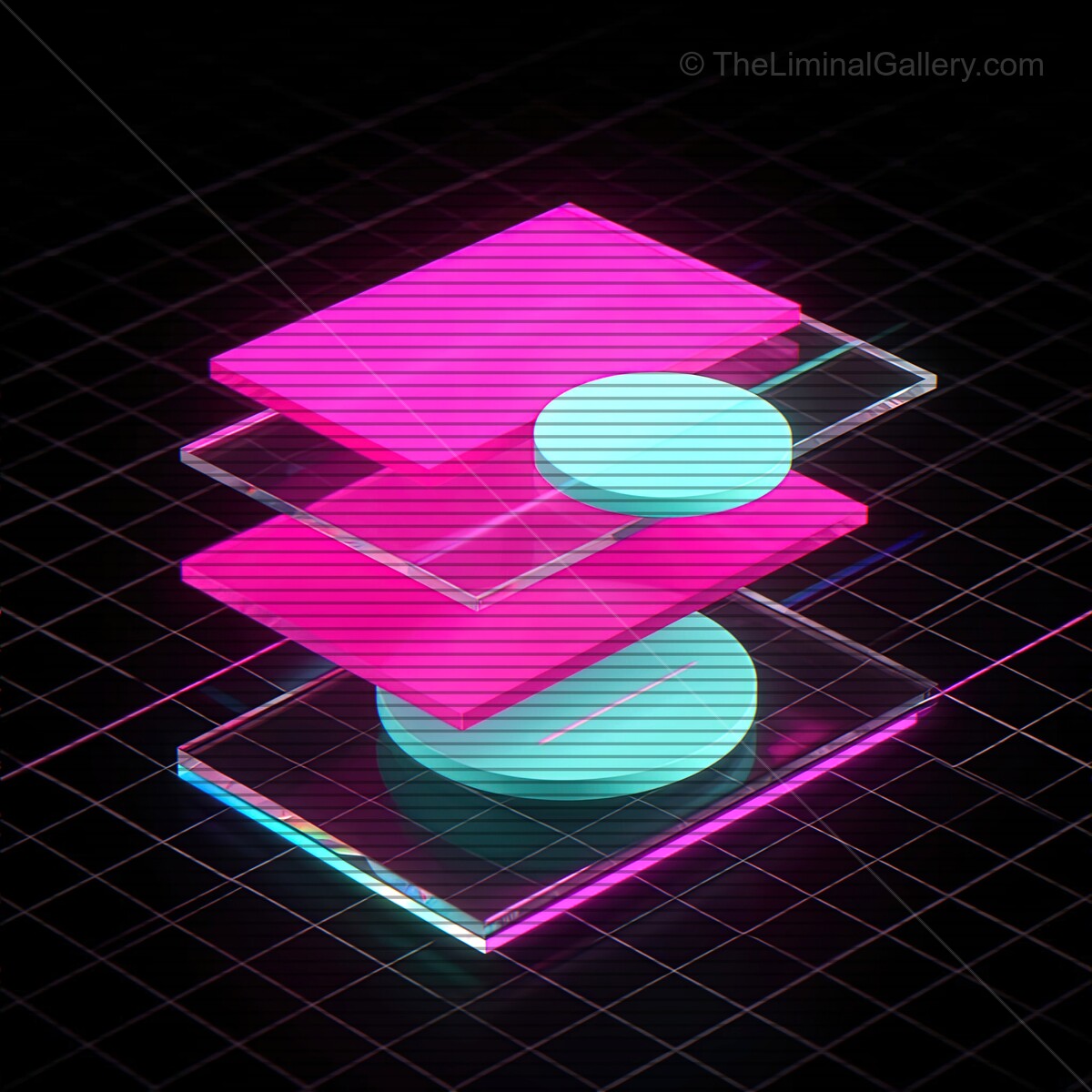 Vibrant synthwave shapes with retro VHS lines in a neon dreamscape of glowing colors
