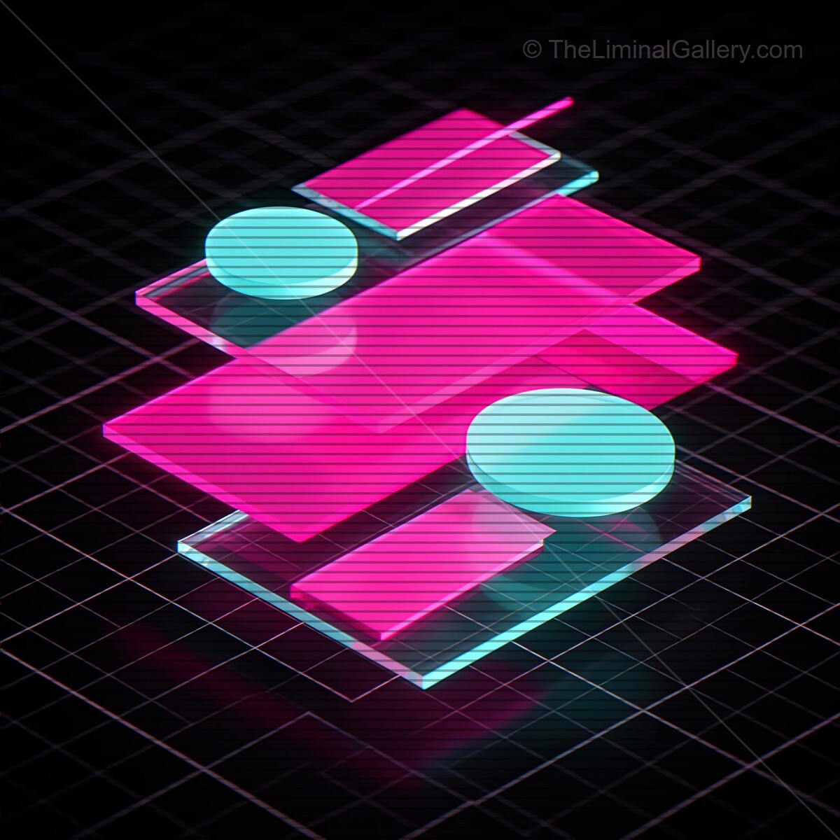 Vibrant synthwave neon shapes dance across a grid, glowing with nostalgia in a modern digital realm filled with VHS charm