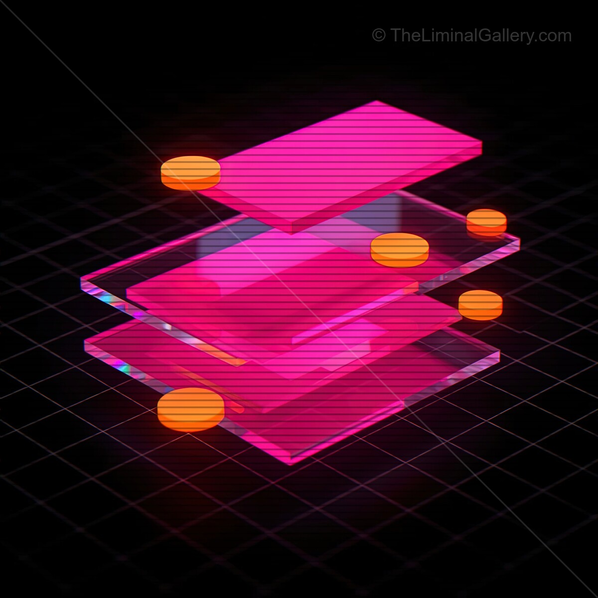 Vibrant synthwave glass shapes with retro VHS lines create a neon dreamscape at night