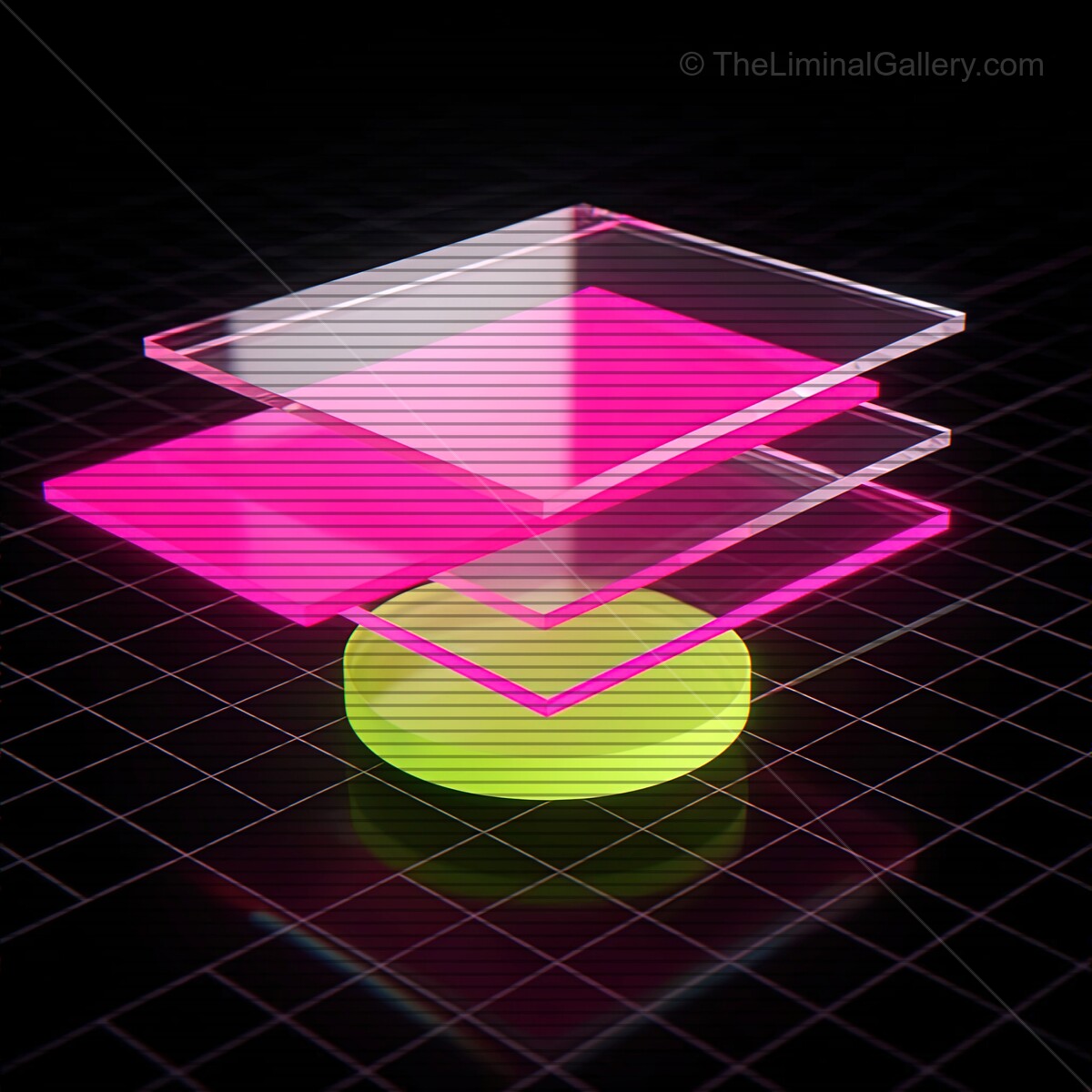 Vibrant synthwave glass shapes dance with VHS lines in a neon-lit digital space, celebrating retro-futuristic aesthetics