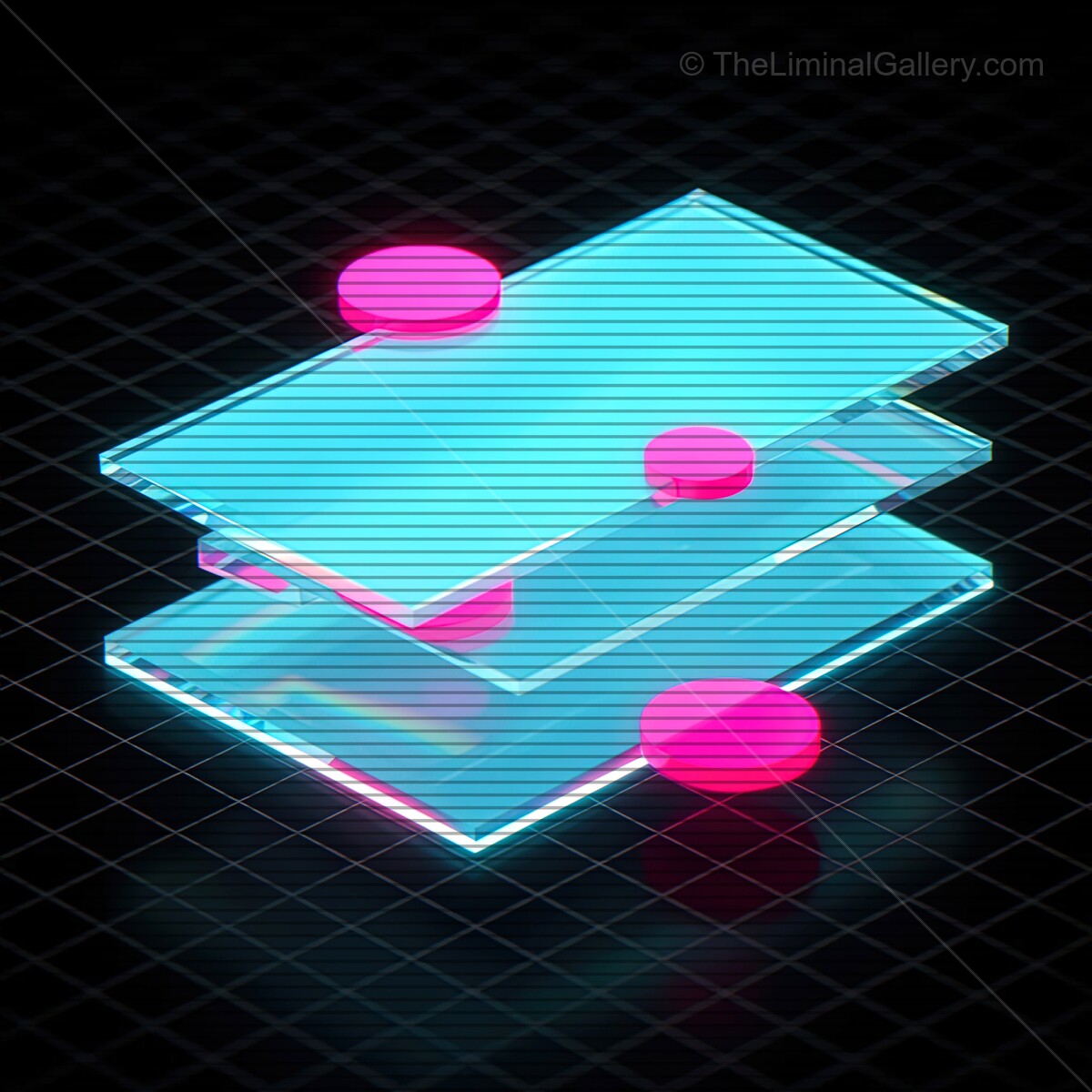 Synthwave glass shapes illuminated by retro VHS lines creating an otherworldly vibe at night