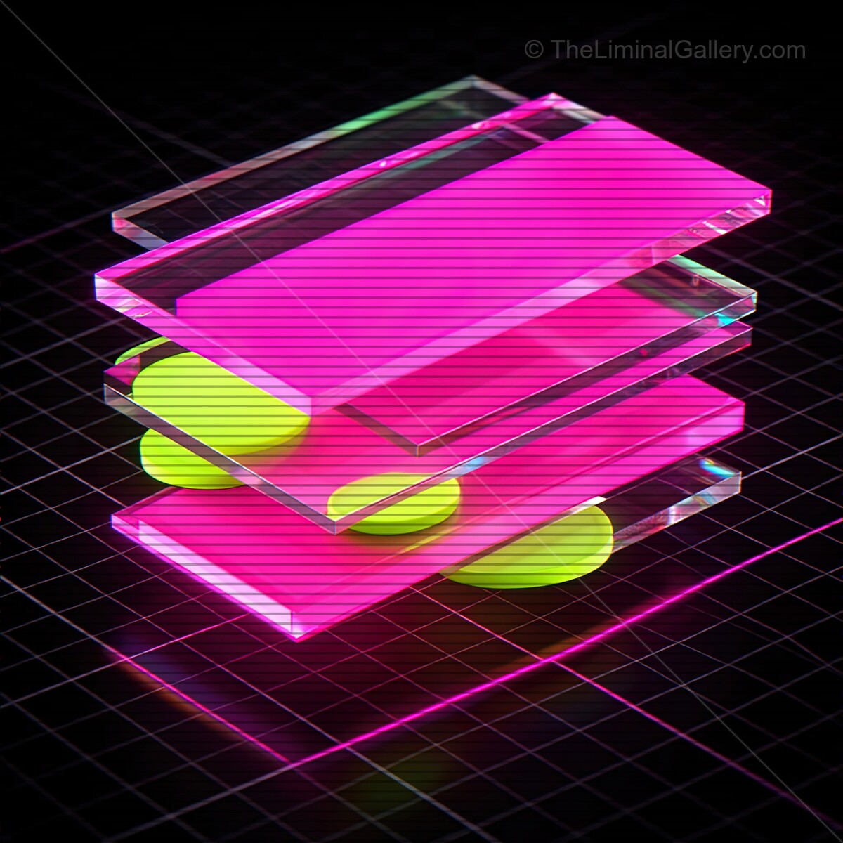 Futuristic glass shapes dance under neon lights with VHS lines and vibrant colors