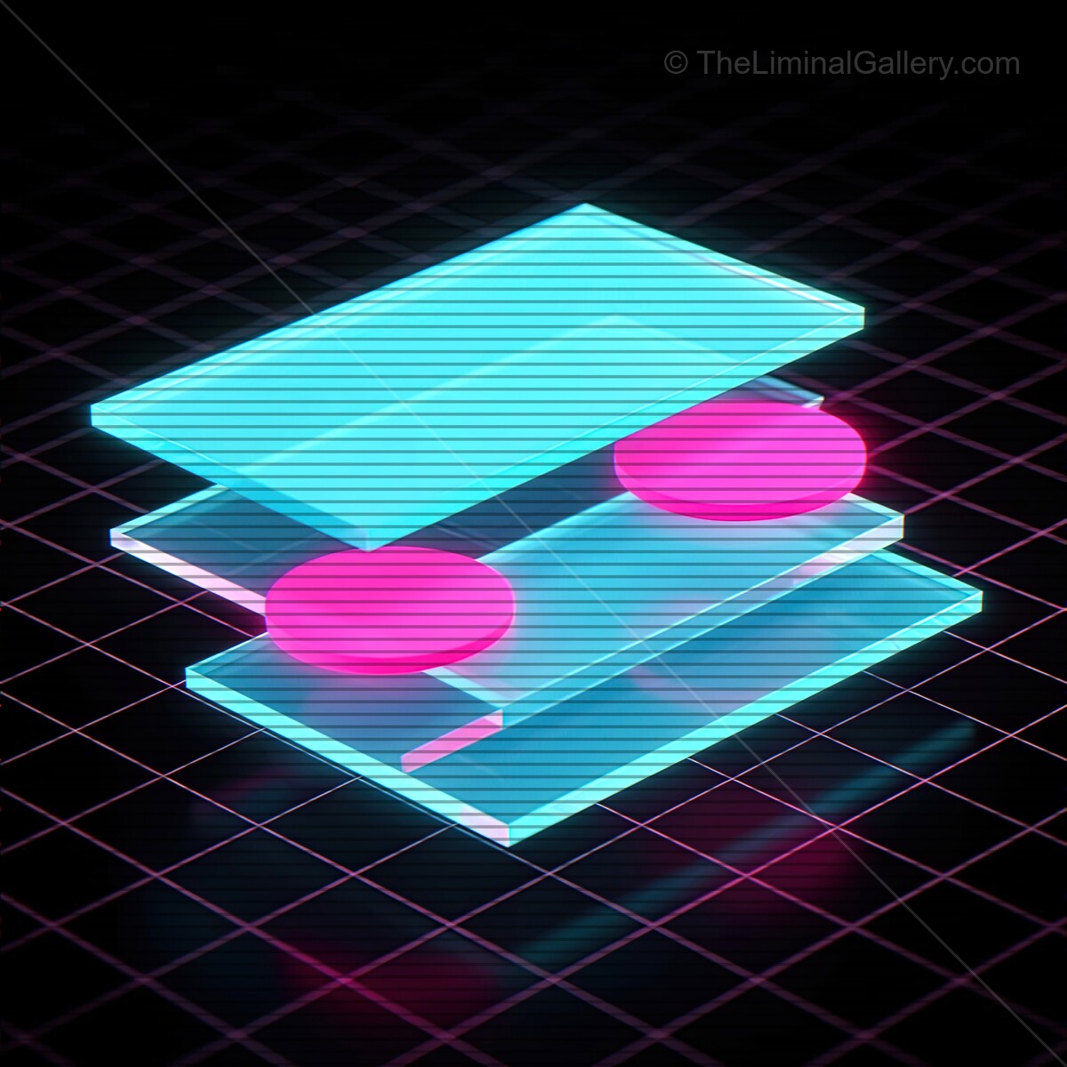 Futuristic glass shapes with synthwave aesthetics creating a vibrant digital landscape illuminated by retro VHS lines