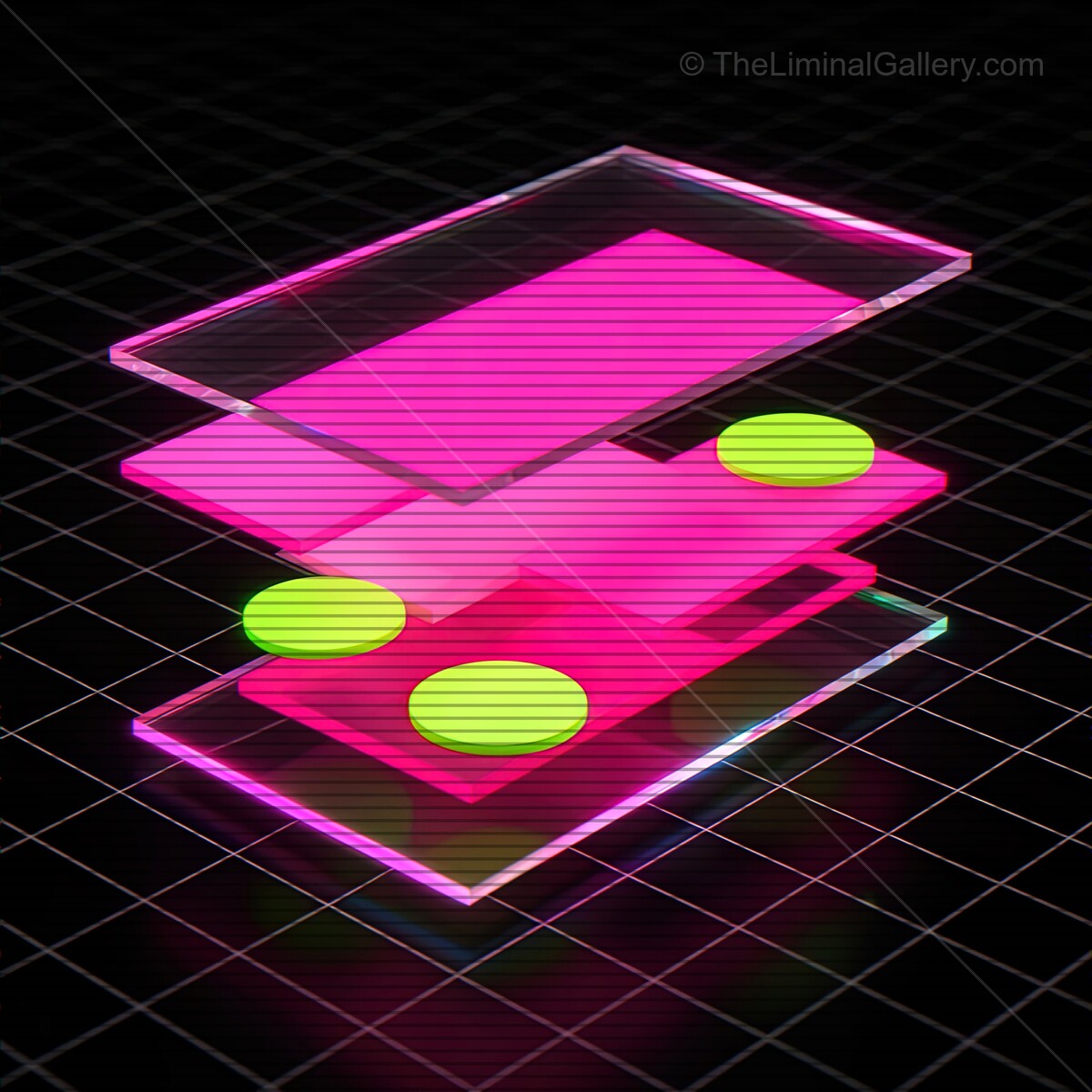 Neon shapes float in a vibrant synthwave world with retro VHS lines illuminating the night