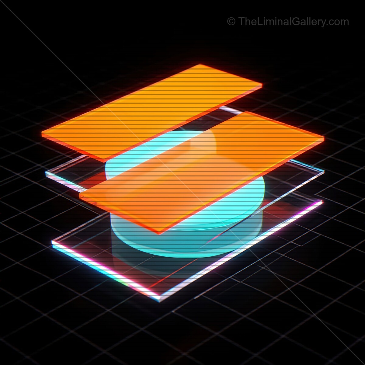 Bright synthwave glass shapes stacked in a dark digital space with VHS lines creating a retro atmosphere