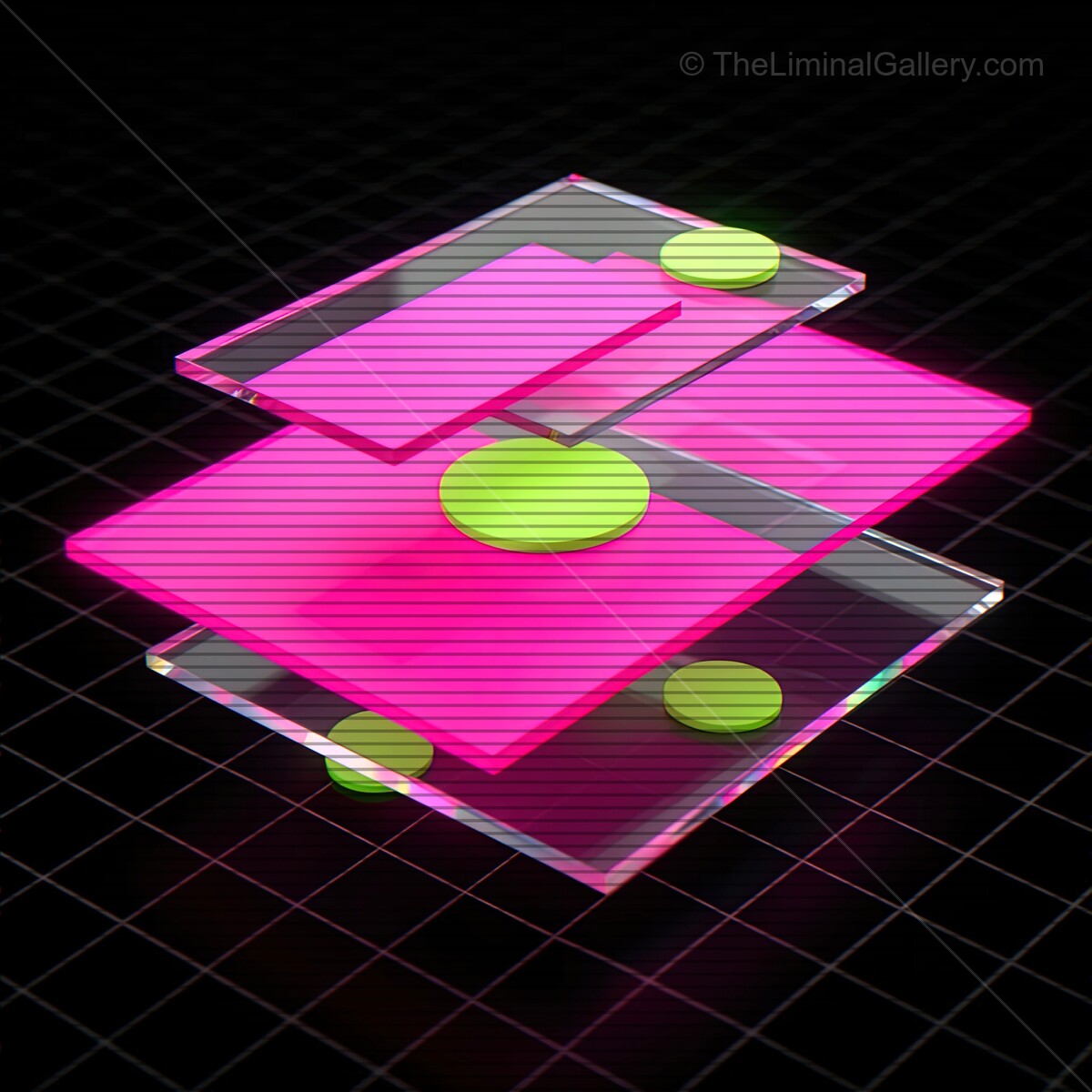 Vibrant synthwave glass shapes with nostalgic VHS lines create a mesmerizing retro atmosphere