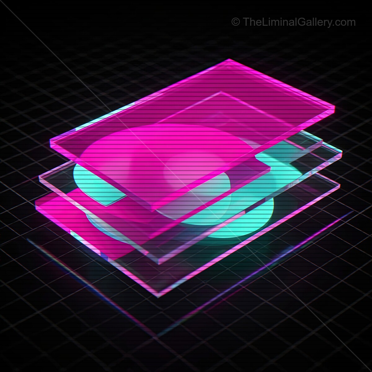 Vibrant synthwave glass shapes dance in neon hues among VHS lines at night