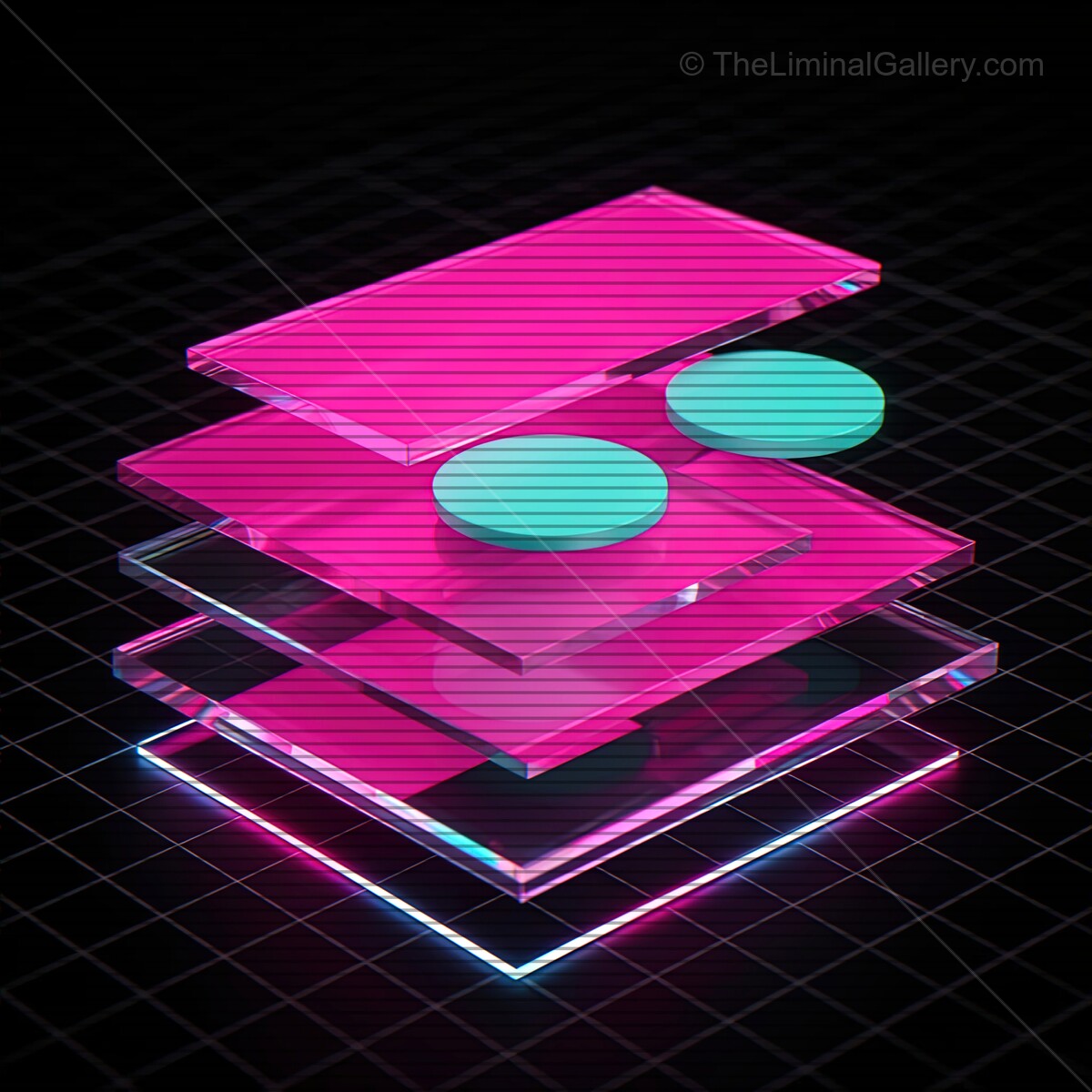 Vivid synthwave glass shapes with flowing VHS lines evoke nostalgia and futuristic vibes in a dark digital setting