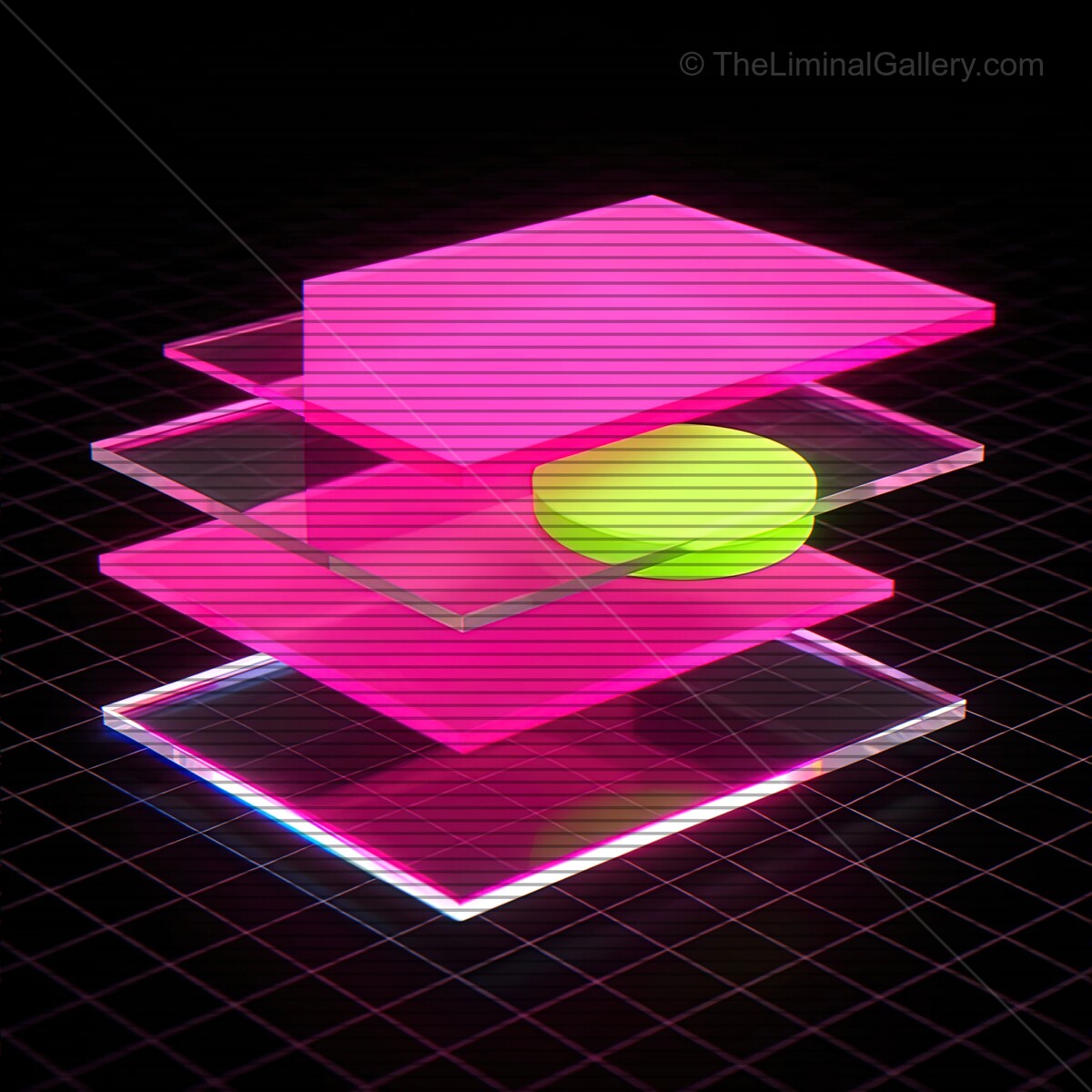 Vibrant synthwave glass shapes with glowing neon elements and retro VHS lines create a mesmerizing digital landscape
