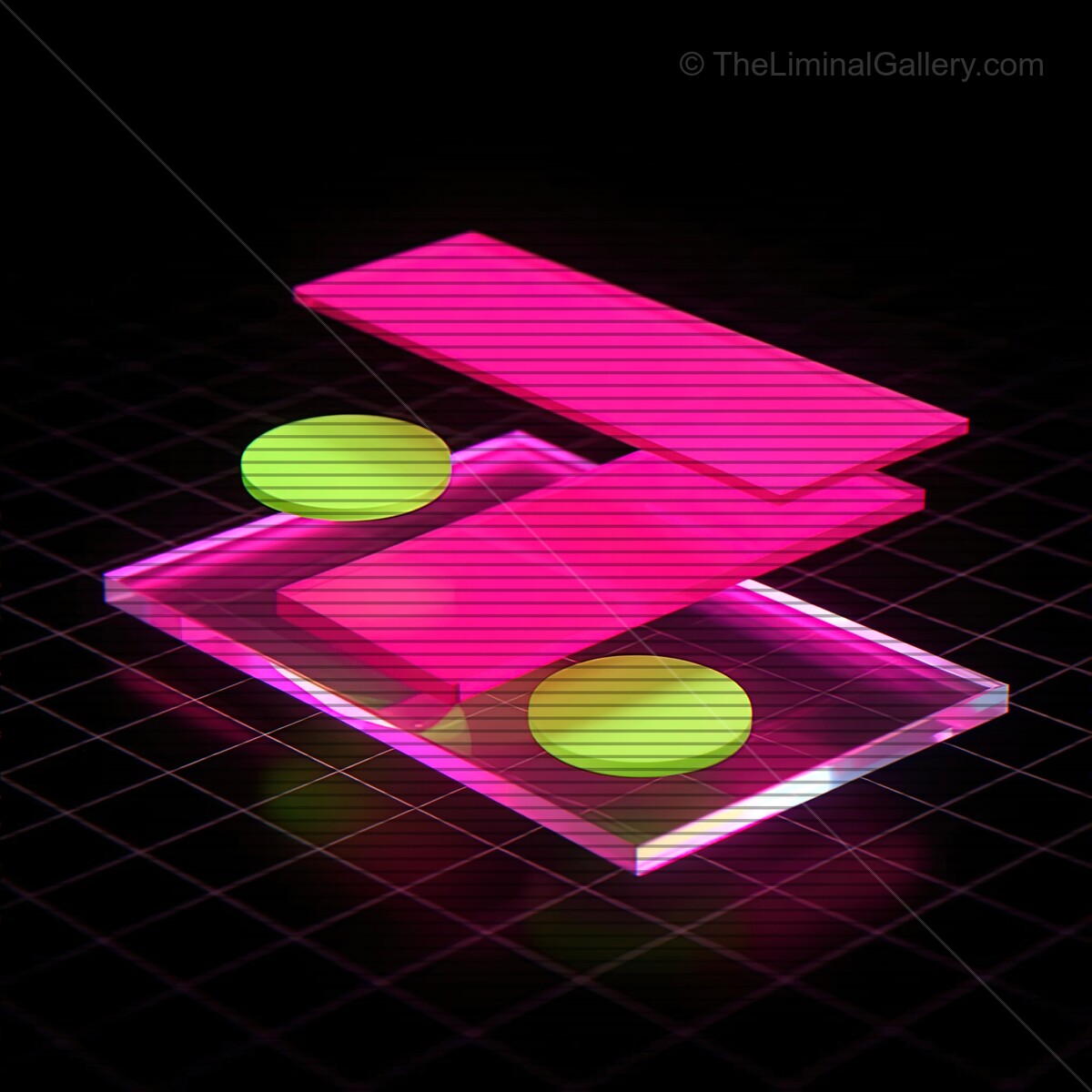 Dynamic synthwave visuals with vibrant glass shapes illuminated by retro VHS lines in a neon landscape