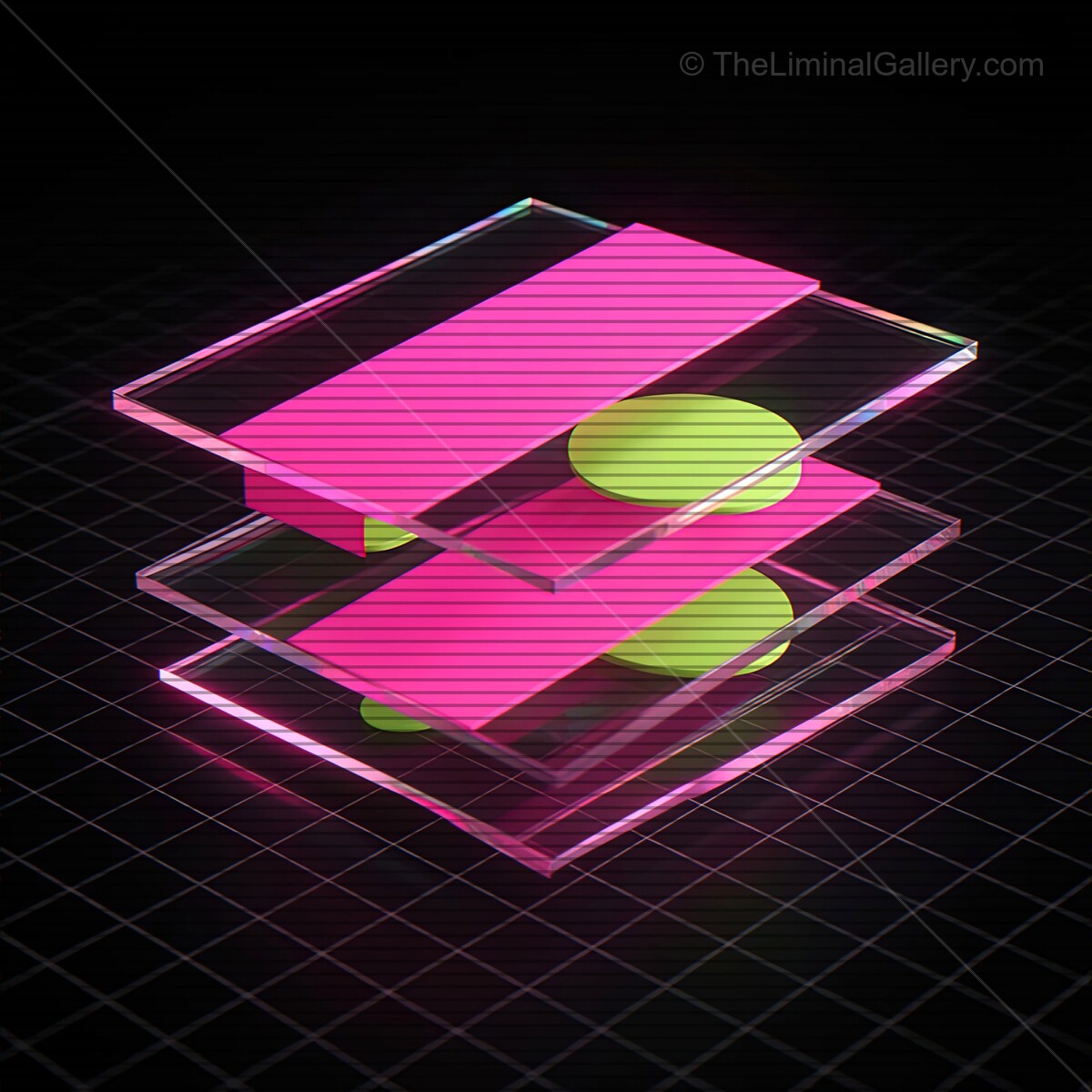 Vibrant synthwave inspired glass shapes with retro VHS lines creating a dreamlike atmosphere