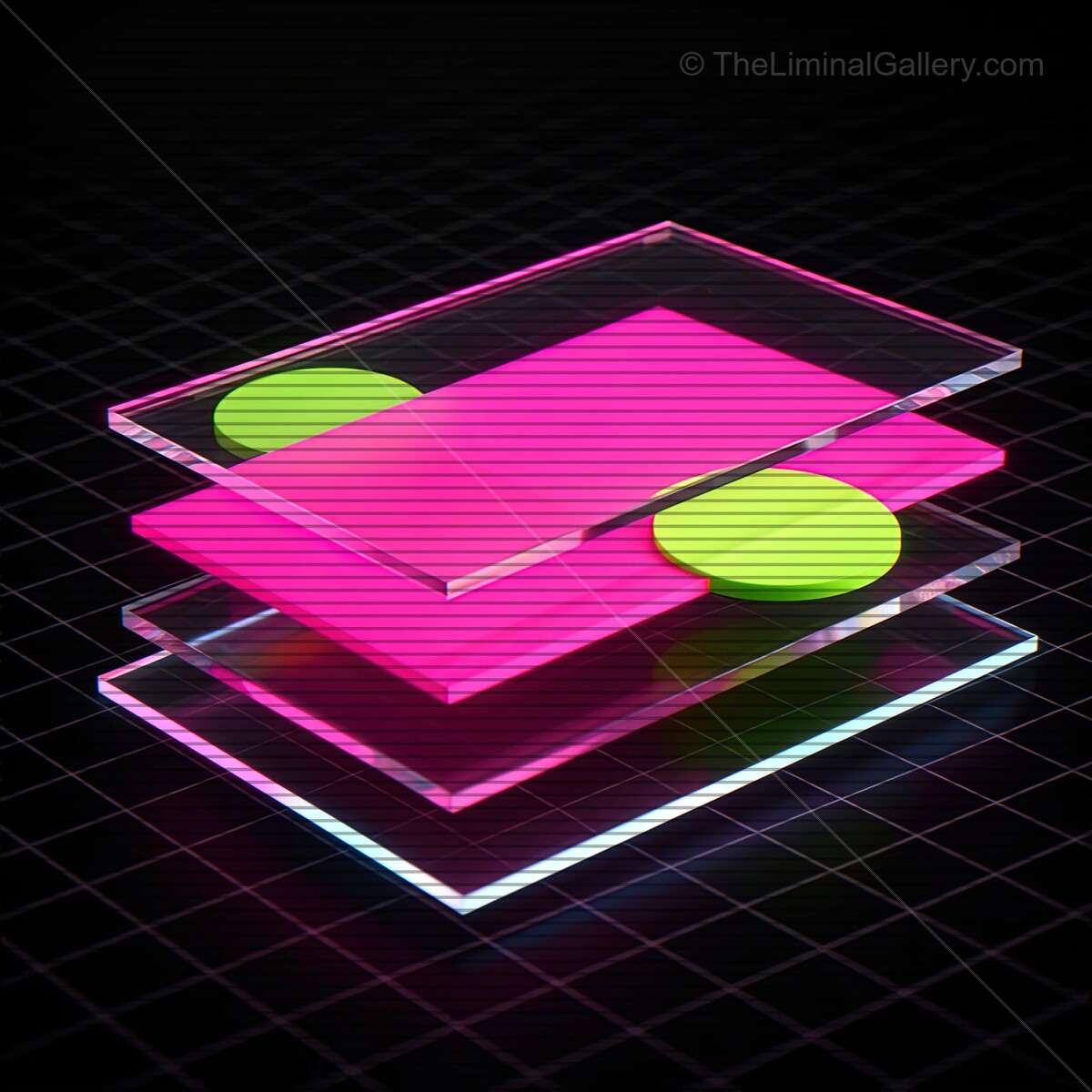 Vibrant synthwave glass shapes with neon accents creating a retro futuristic atmosphere