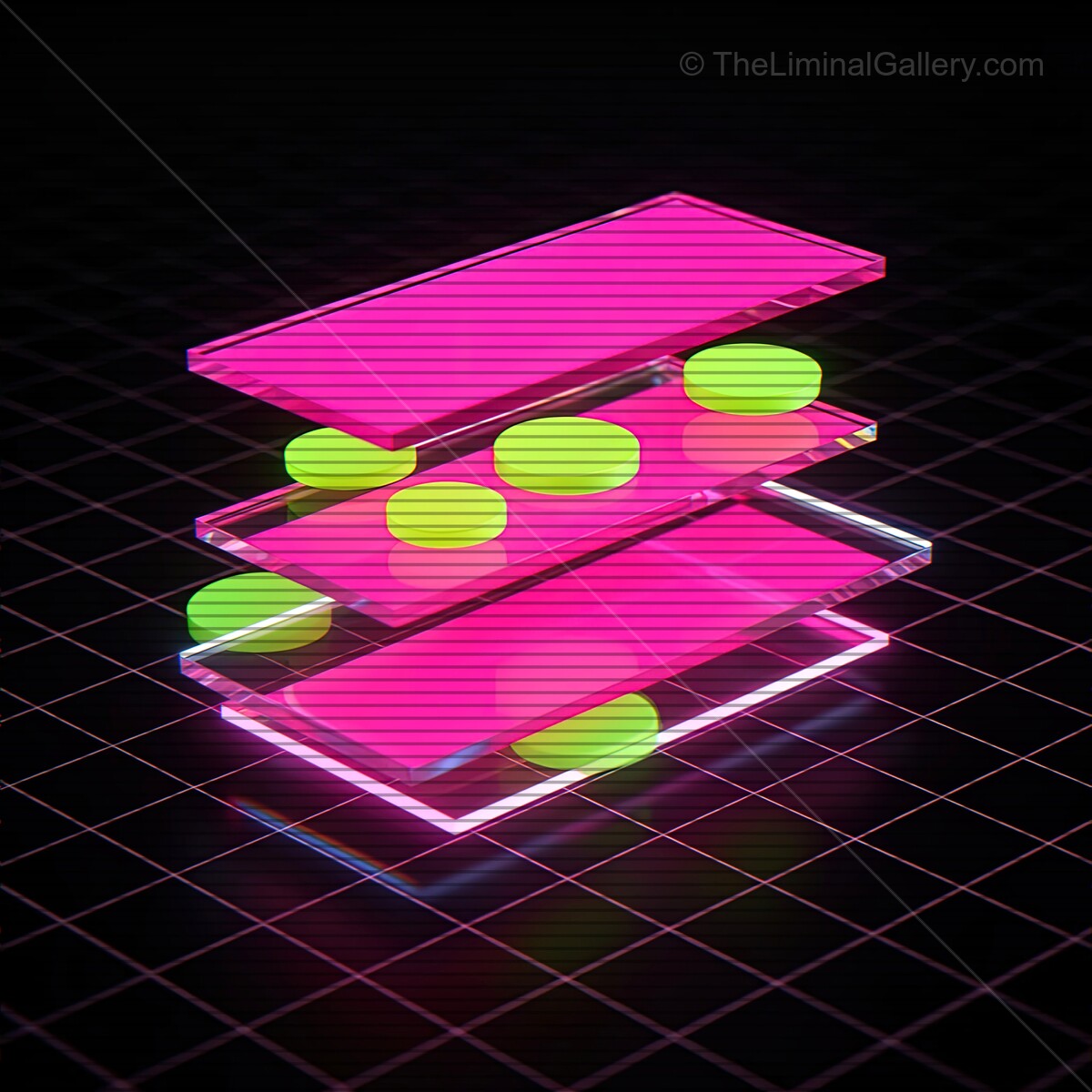 Vibrant synthwave glass shapes with neon elements reflecting VHS lines in a futuristic setting
