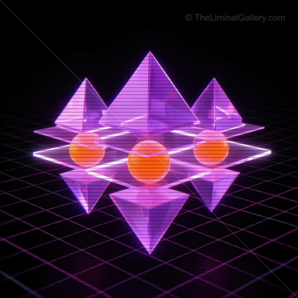 Vibrant synthwave shapes in a digital landscape illuminated by neon hues and VHS-inspired lines