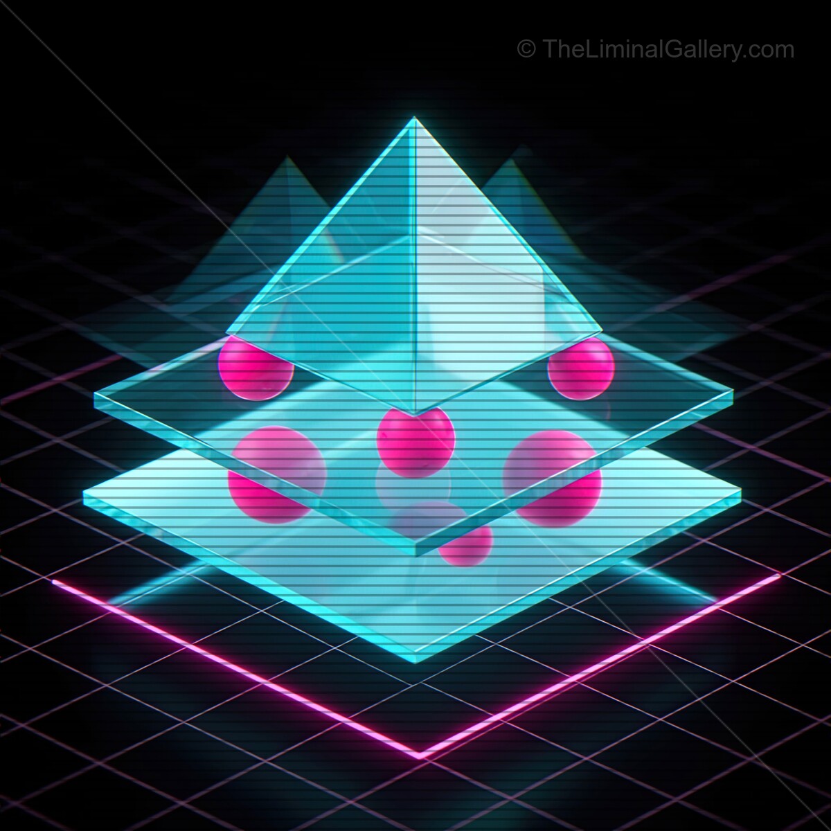 Visual harmony of synthwave aesthetics with glass shapes and vivid VHS lines glowing in a cyberpunk atmosphere