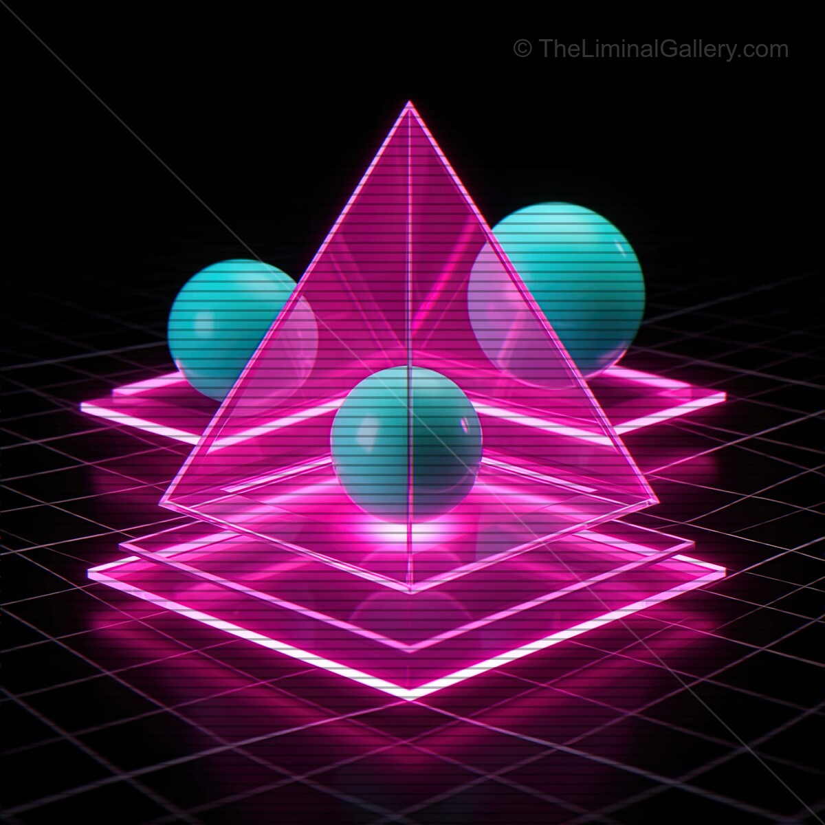 Synthwave inspired glass shapes glow with vibrant colors and VHS lines in a digital surreal landscape