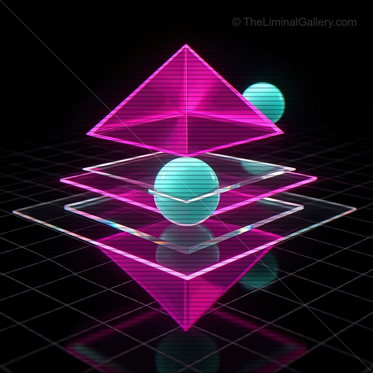 Synthwave-inspired glass shapes with vibrant colors and retro VHS lines capture a surreal digital landscape