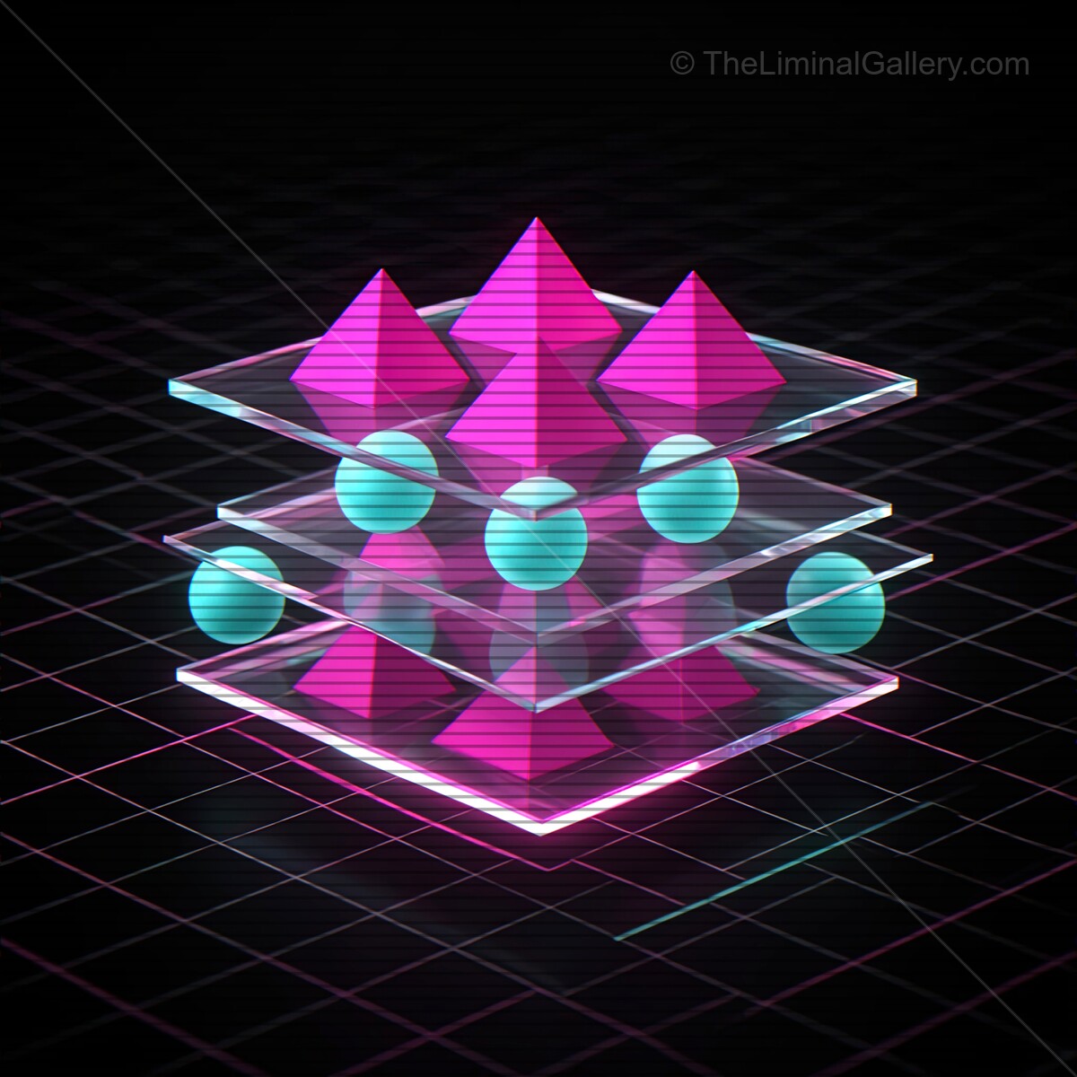 Vibrant synthwave glass shapes with dynamic VHS lines creating a futuristic landscape of color and form