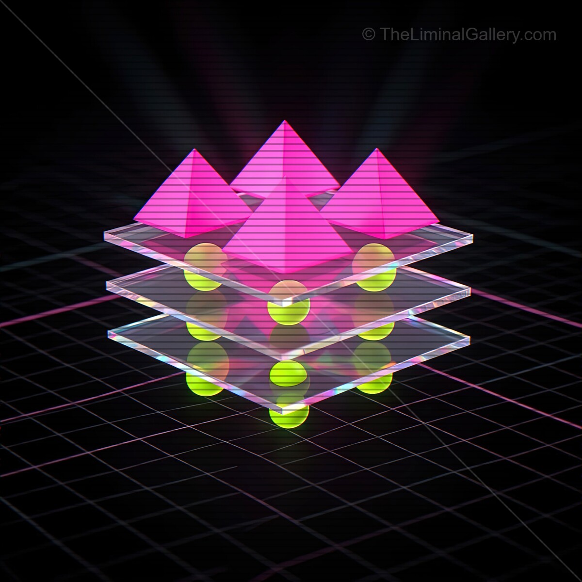 Synthwave-inspired geometric shapes with vibrant colors and retro VHS aesthetics showcasing a neon landscape