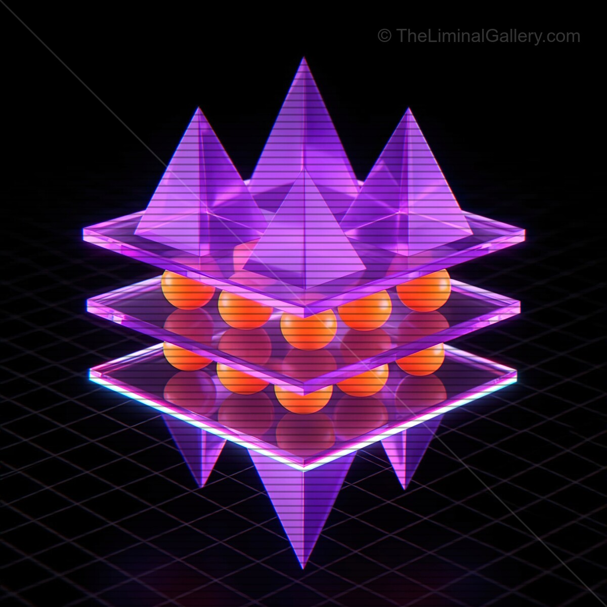 Vibrant synthwave glass shapes with flowing VHS lines create a surreal digital landscape at night