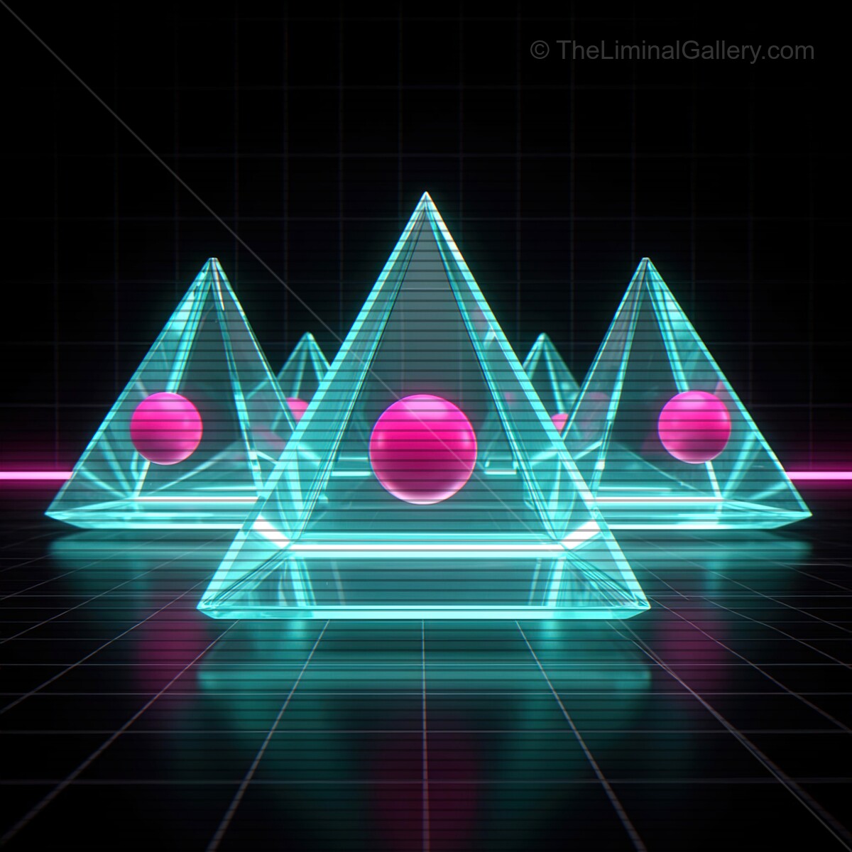 Vibrant synthwave glass shapes emerge from a digital landscape under neon VHS lines