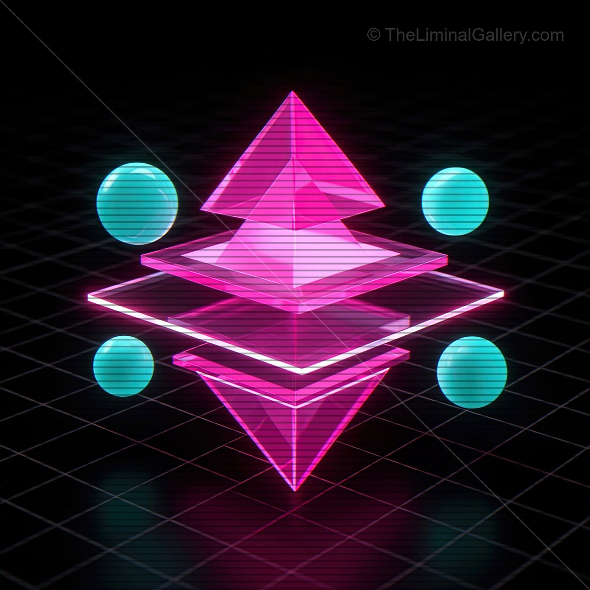 Vivid synthwave glass shapes with retro VHS lines create a captivating digital landscape