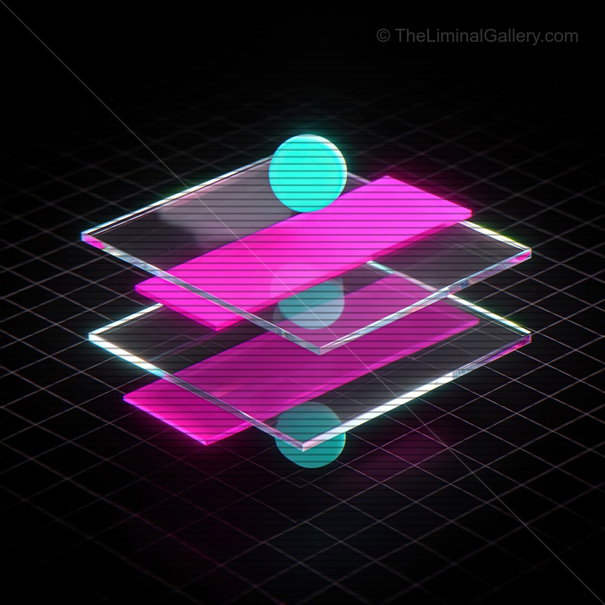 Vibrant glass shapes with synthwave aesthetics and retro VHS lines create a mesmerizing digital world of neon colors and geometric forms